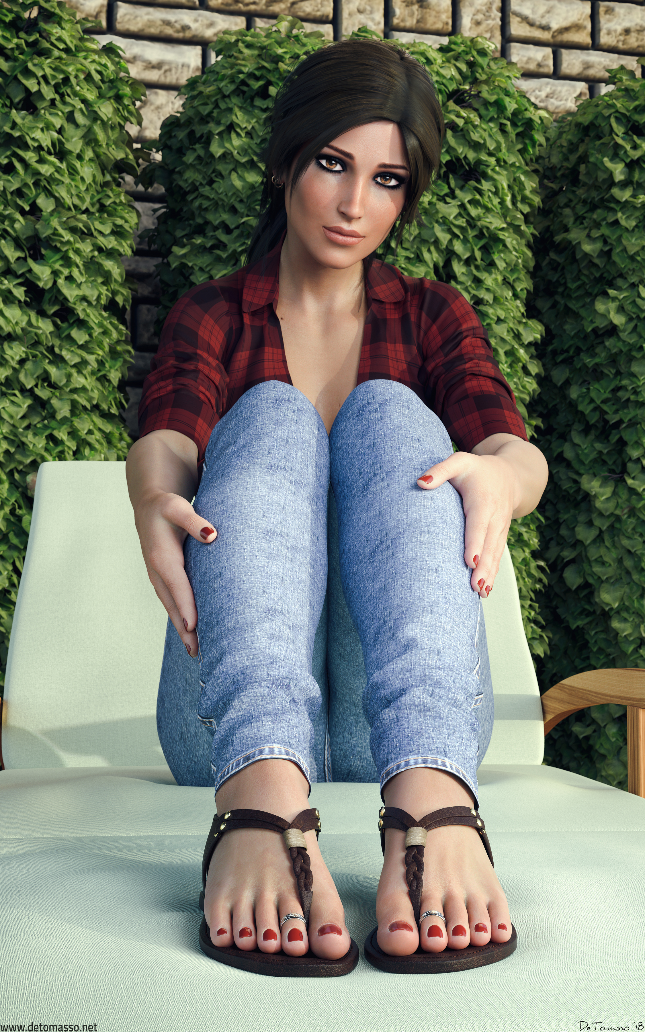 1girls, 3d, best feet, brown eyes, brown hair, clothed, clothing, detomasso, ear piercing, feet, female, female only, foot fetish, front view, lara croft, lara croft (survivor), legs together, looking at viewer, nail polish, open toe shoes, ponytail, red toenails, sandals, sitting, solo, tied hair, toe ring, toenail polish, toes, tomb raider, tomb raider (survivor), video games, white skin