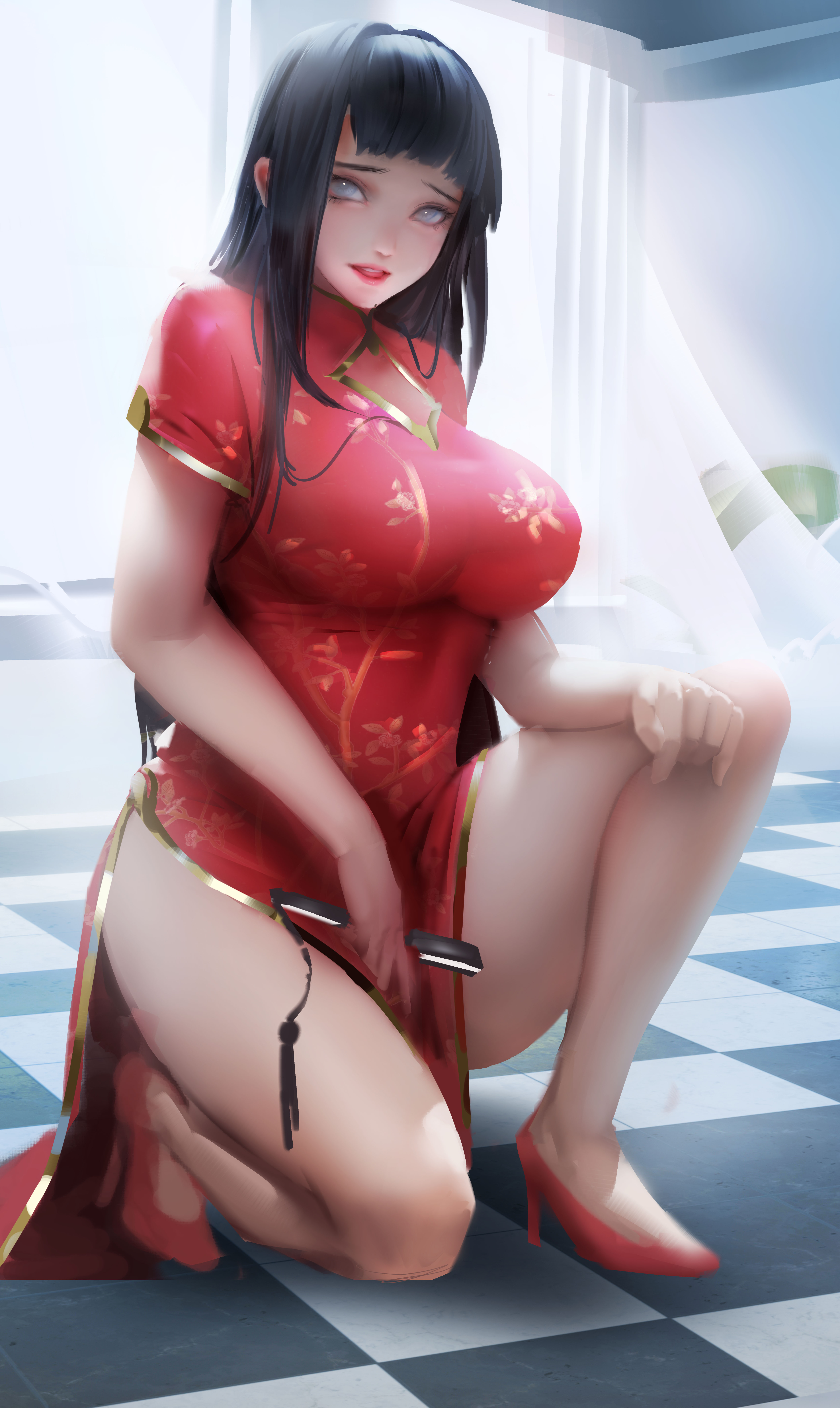 1girls, big breasts, breasts, busty, chinese dress, cutout, dress, female, female only, folding fan, footwear, heels, highres, holding object, hyuuga hinata, kneeling, long hair, looking at viewer, naruto, naruto (series), naruto shippuden, pinup, purple hair, red dress, solo, thick thighs, very high resolution, violet eyes, weber (artist)