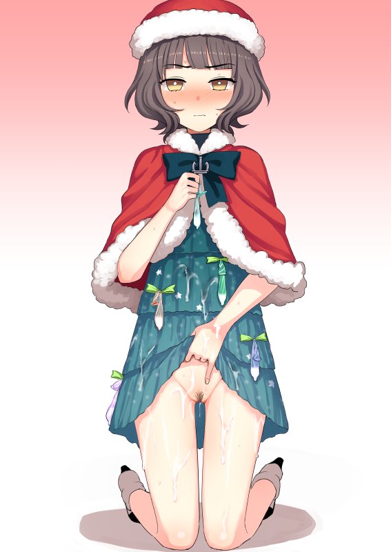 alternate_costume bangs blunt_bangs blush bow bowtie brown_hair christmas closed_mouth condom condom_in_clothes cum cum_on_body dress dress_lift eyebrows_visible_through_hair female filled_condom gradient gradient_background green_dress hat holding holding_condom kantai_collection kishinami_(kantai_collection) kneeling kumadano lifted_by_self looking_at_viewer no_panties pubic_hair robe santa_costume santa_hat shoes short_hair simple_background solo sweat sweatdrop wavy_hair yellow_eyes