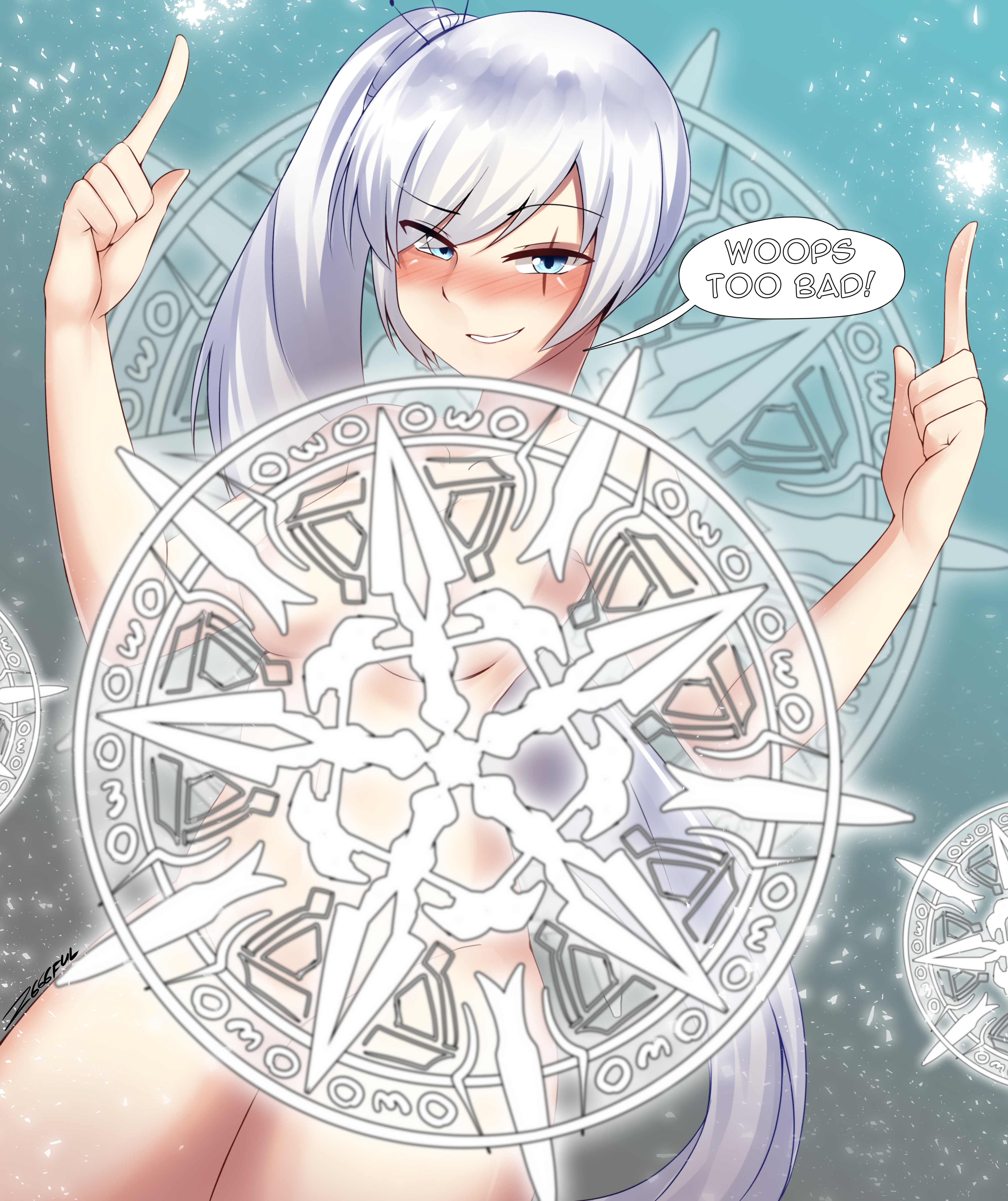 absurdres, blush, breasts, censored, cleavage, female, female only, glyphs (rwby), highres, looking at viewer, nude, rwby, solo, solo female, speech bubble, text, weiss schnee, z666ful