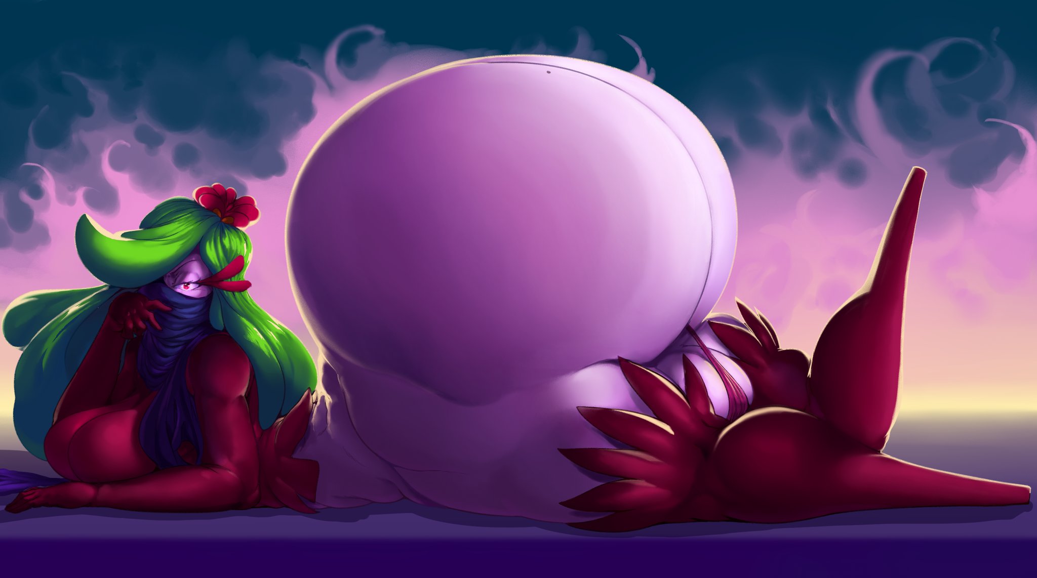 1girls, ass, beauty mark, big ass, breasts, female, female only, gigantic ass, green hair, huge ass, hyper, hyper ass, large ass, mea (ultrakirby123), nintendo, no humans, pokemon, pokemon sm, red eyes, thick thighs, tsareena, vhsdaii, white skin