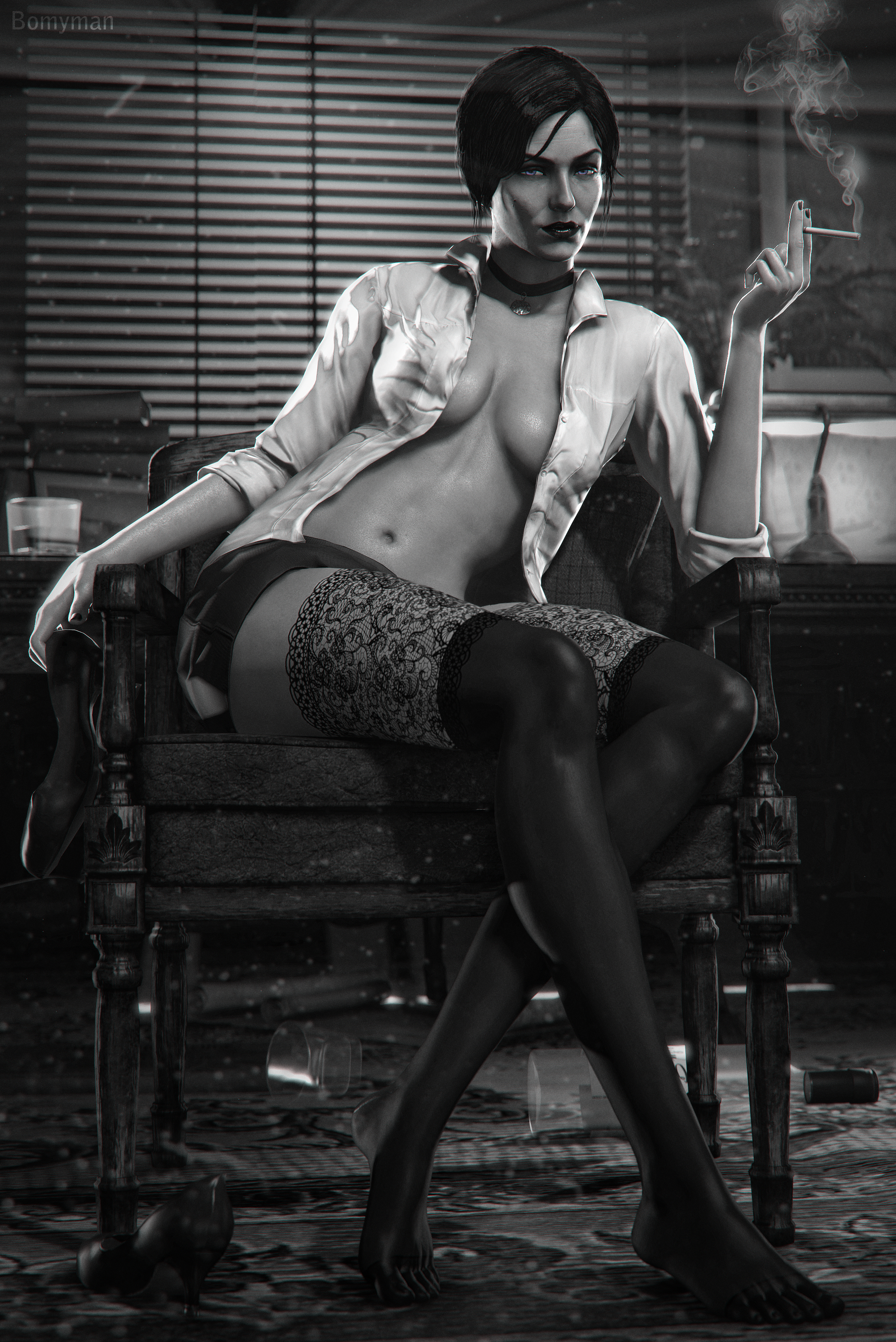 1girls, 3d, black and white, black hair, bomyman, breasts, cd projekt red, cigarette, female, female only, looking at viewer, on chair, short skirt, smoke, smoking, solo, the witcher (series), the witcher 3: wild hunt, thighhighs, yennefer