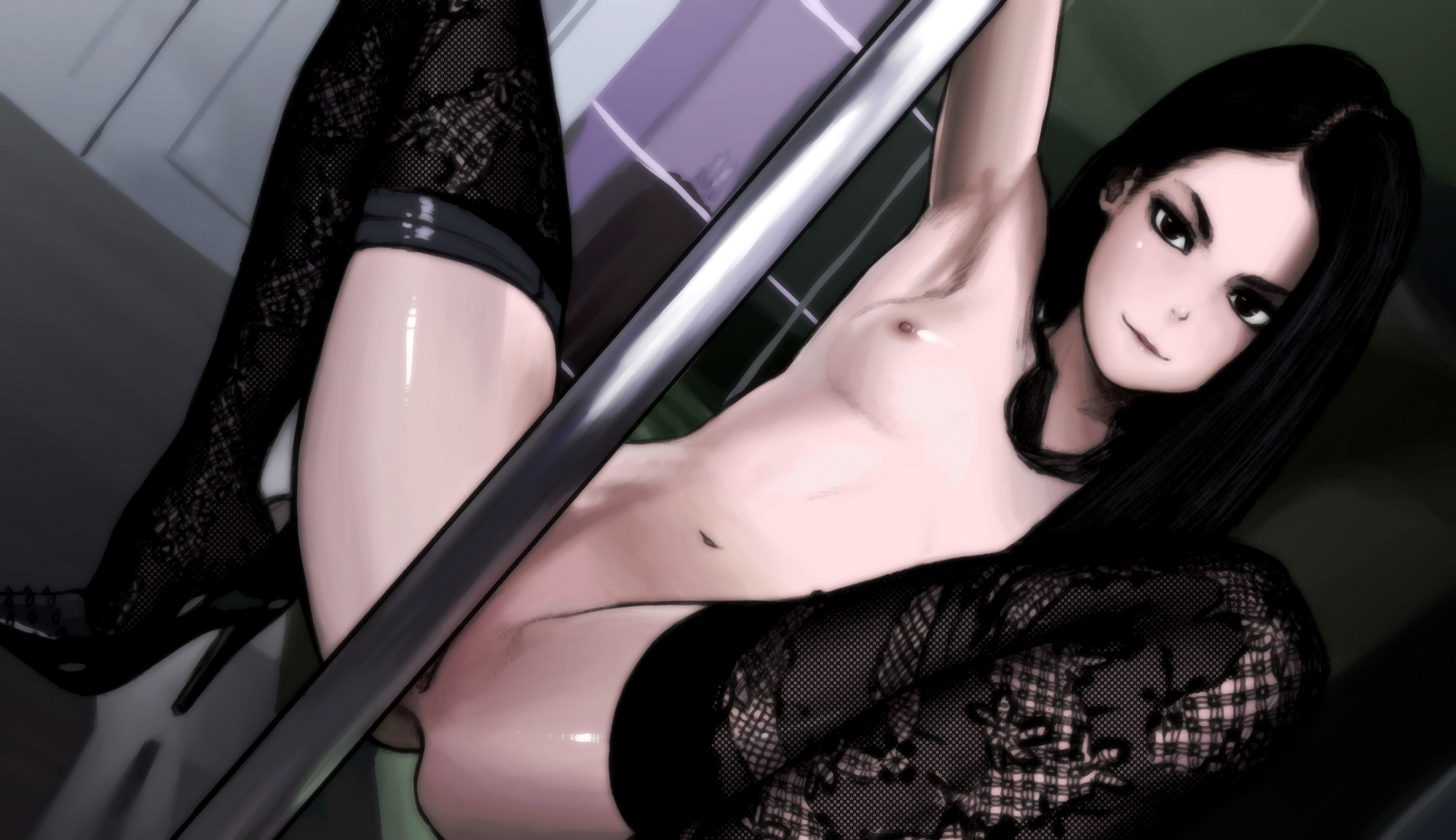 arm up, armpit, black hair, boots, breasts, deep armpits, dutch angle, female, high heels, nipples, pole, pole dancing, pussy, small breasts, solo, spread legs, squatting, thigh boots, thighhighs, wabaki