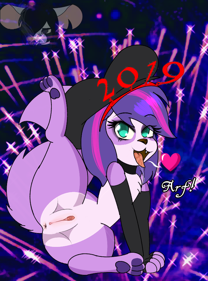 2019 blue_eyes canine clitoris clothing female fur hair hat heart holidays littlest_pet_shop looking_at_viewer mammal new_year open_mouth paws presenting presenting_pussy purple_fur pussy ritsuka-trent solo spread_legs spreading tongue tongue_out zoe_trent