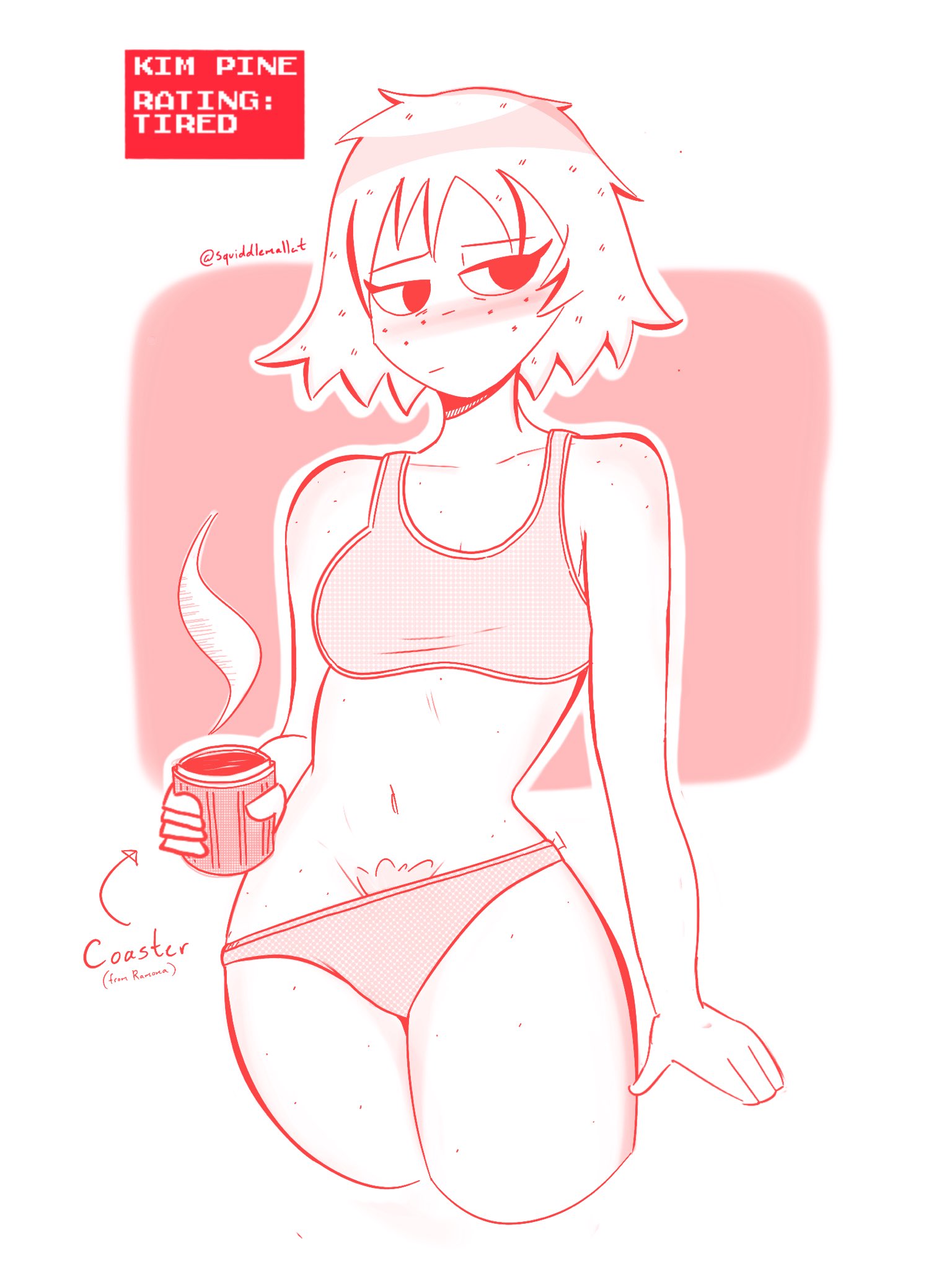 1girl, 1girls, 2d, 2d (artwork), almost nude, big breasts, blush, blushing, breasts, bush, comic, comic page, english, female, female focus, freckles, hairy, kim pine, panties, pink background, scott pilgrim, sketch, sports bra, squiddlemallet, text, thick thighs, thighs, tired, underwear only