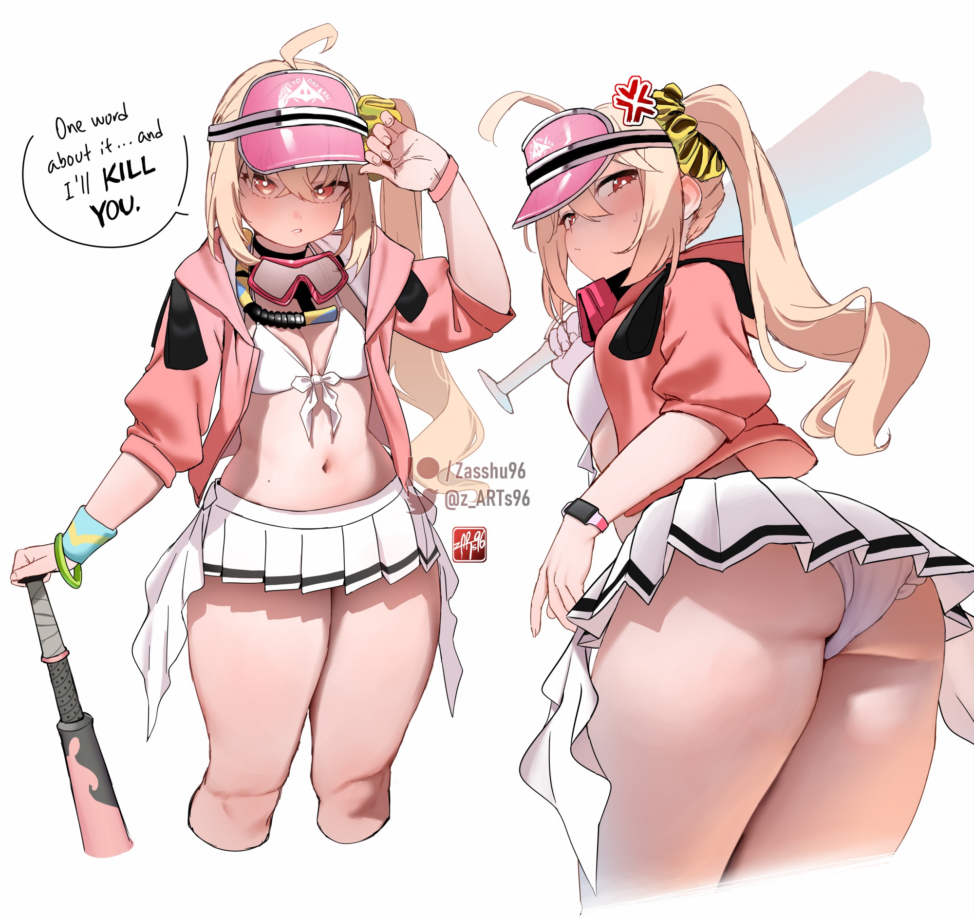 1girl, alternate version available, anger vein, ass, baseball bat, bikini, blonde hair, blush, breasts, commentary, english commentary, hat, highres, jacket, long hair, looking at viewer, looking back, luciana de montefio, luciana de montefio (princess on holiday), miniskirt, multiple views, navel, official alternate costume, pantyshot, pink hat, pink jacket, red eyes, side ponytail, skirt, small breasts, swimsuit, thick thighs, thighs, upskirt, visor cap, white bikini, white skirt, zasshu, zenless zone zero