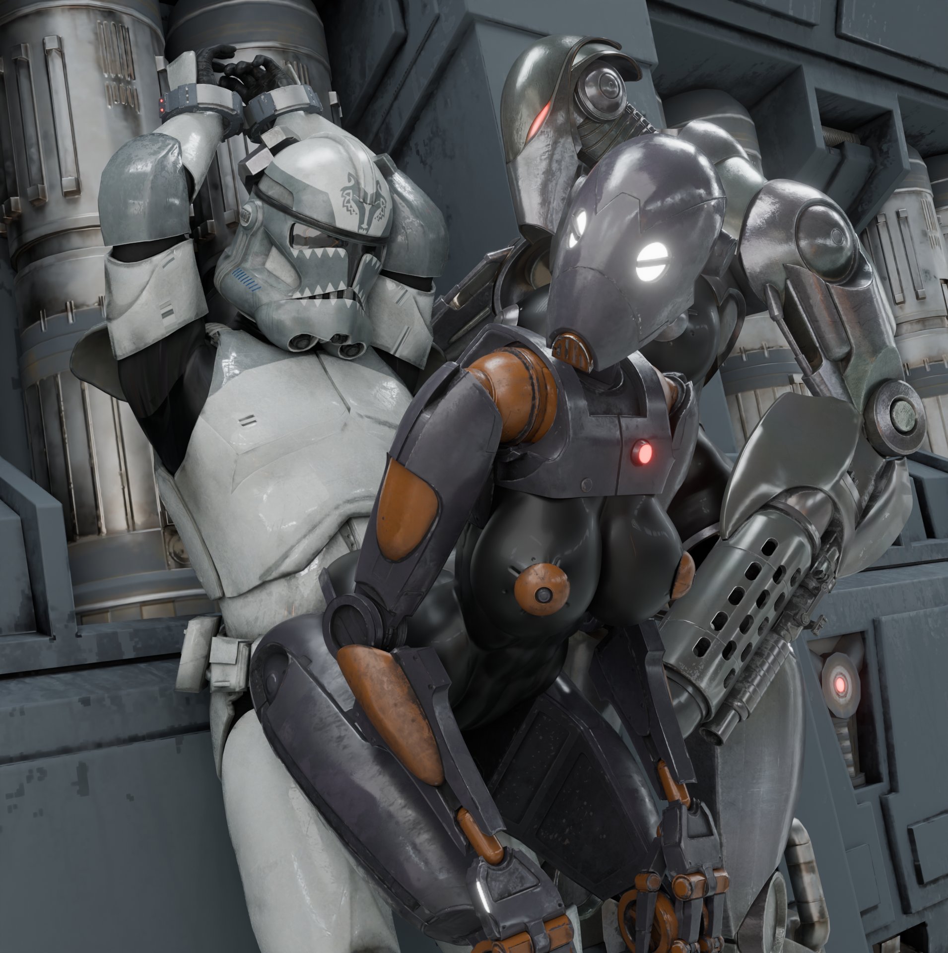 1girls, 2026, 3d, 3d (artwork), 3d render, b2 super battle droid, battle droid, big breasts, breasts, clone trooper, clone wars, commando droid, droid (star wars), female, nipples, penetration from behind, red eyes, robot, robot girl, robot joints, soundpunk501, star wars, thick thighs