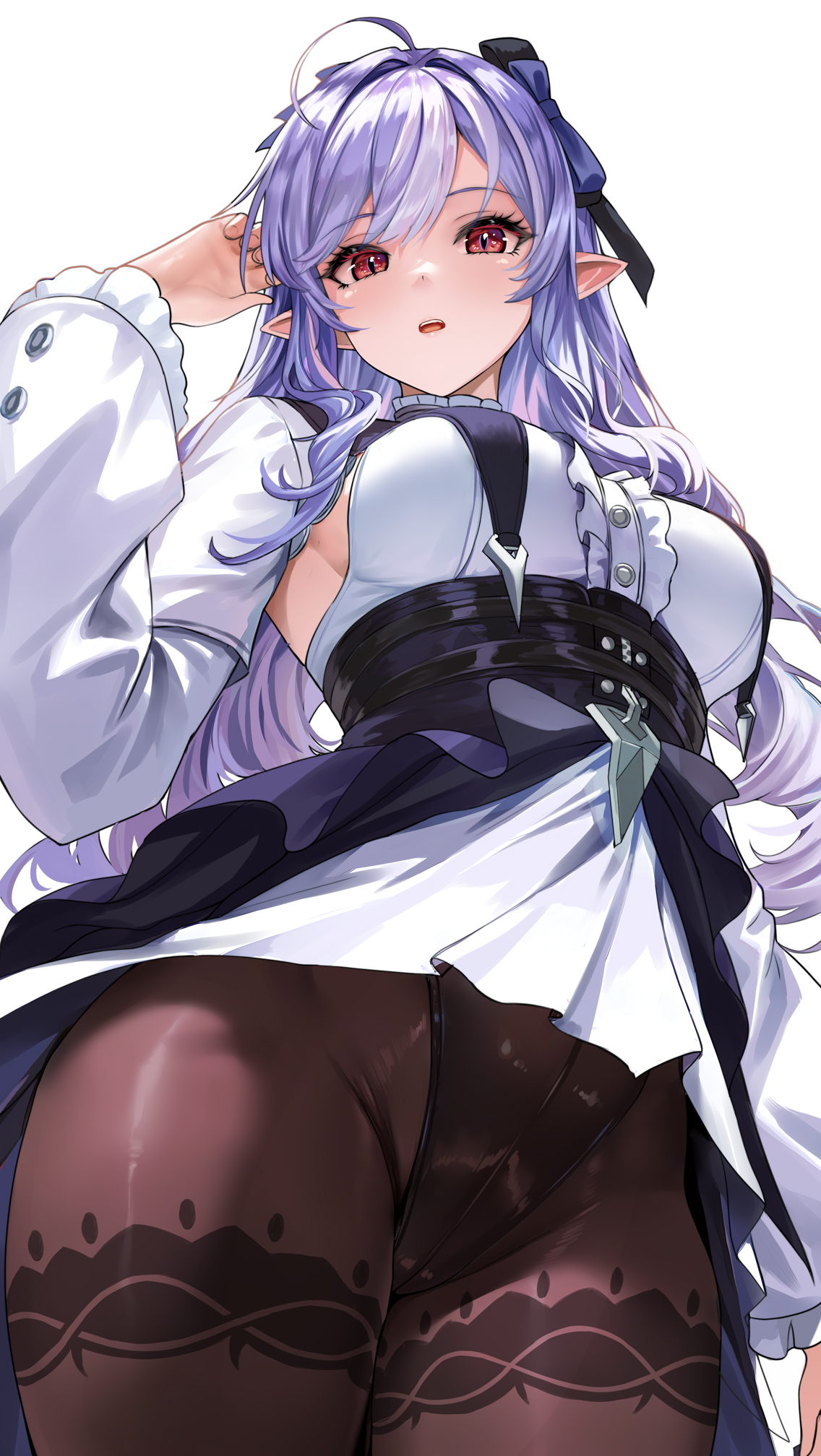1girl, 1girls, black skirt, blush, bottom view, bow, breast curtains, breasts, brown pantyhose, corset, dress, female, female only, frills, hairband, highres, hoyoverse, medium breasts, open mouth, pantyhose, peeking, pointy ears, purple hair, red eyes, showgirl skirt, shrug (clothing), sideboob, simple background, skirt, solo, solo female, streaked hair, toyoman, vivian banshee, white background, white dress, white shrug, zenless zone zero