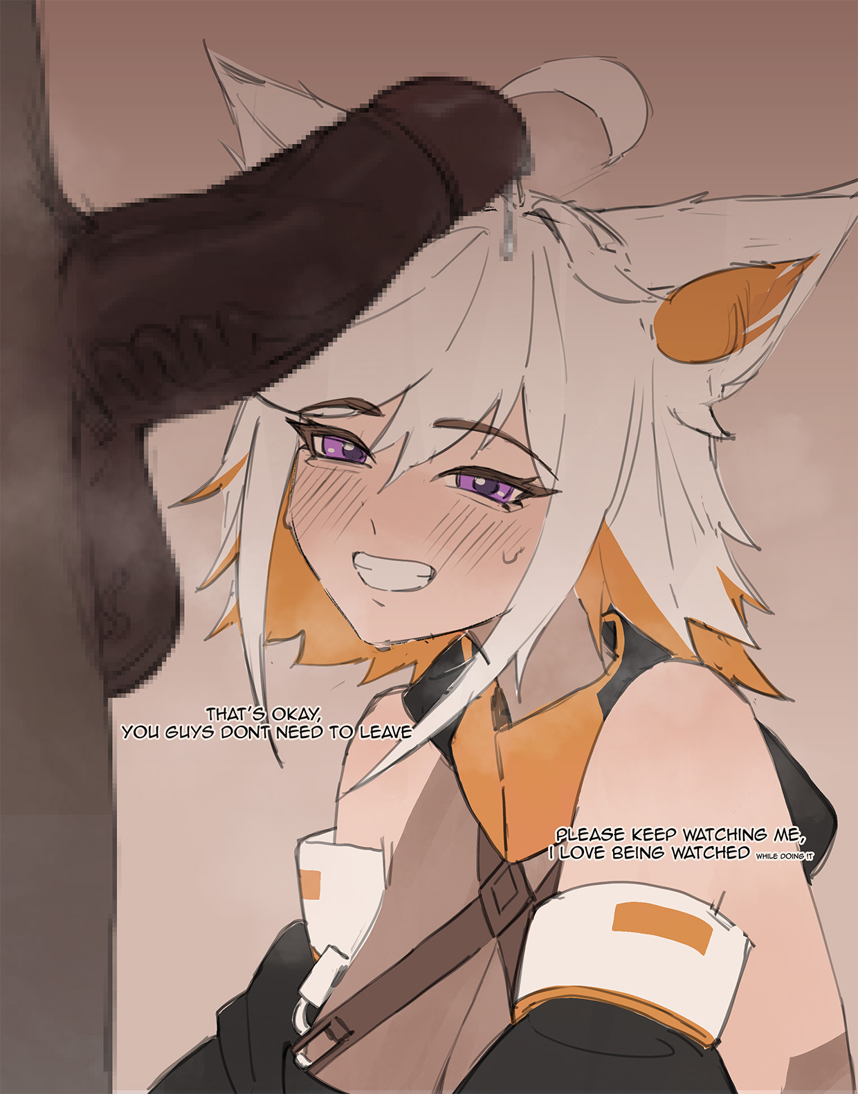 dark skin, dark-skinned male, demenishki, duo, female, indie virtual youtuber, interracial, light skin, light-skinned female, male, penis, penis on head, purple eyes, virtual youtuber, vtuber, white hair