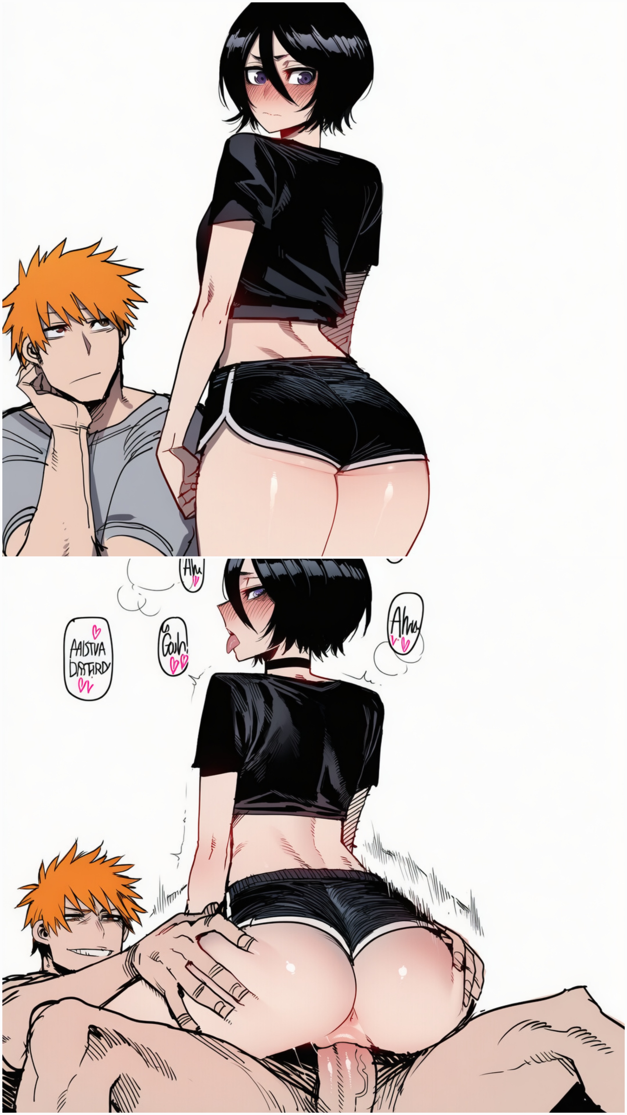1boys, 1girls, 2d, ai generated, ass, ass focus, ass jiggle, ass shake, before and after, before sex, black crop top, black hair, bleach, bleach: the thousand-year blood war, booty shorts, cleavage, clothed, clothed female, clothed female nude male, dolphin shorts, during sex, embarrassed female, friends with benefits, fucked silly, genital fluids, ginger hair, ginger male, hd, ichigo kurosaki, image, jiggle physics, jiggling ass, light skin, light-skinned female, light-skinned male, moan, moaning, moaning in pleasure, nude male, penetration, penis, penis in pussy, petite, petite body, petite female, pussy, pussy juice, pussy juice drip, pussy lips, ratatatat74 (style), rukia kuchiki, short hair, thick butt, thick legs, thick penis, tongue out, topwear
