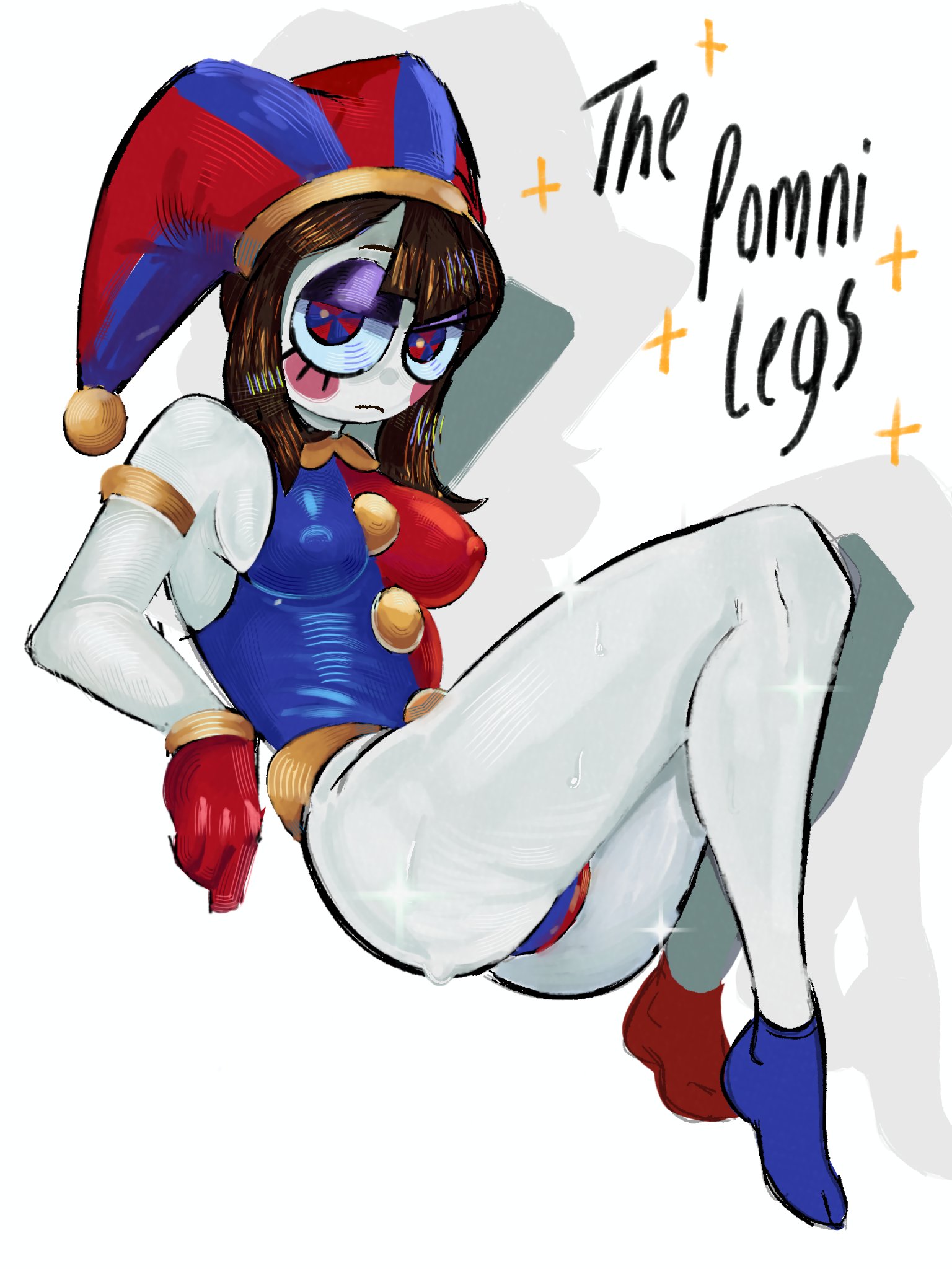 ass, bangs, big eyes, black hair, booty, butt, cameltoe, clown girl, clown makeup, feet, legs, long legs, medium breasts, nipple, nipple bulge, panties, panties showing, pomni (the amazing digital circus), pose, sexy legs, shoulder length hair, solo, sweaty, sweaty legs, the amazing digital circus, thighs, underwear, underwear showing, white skin