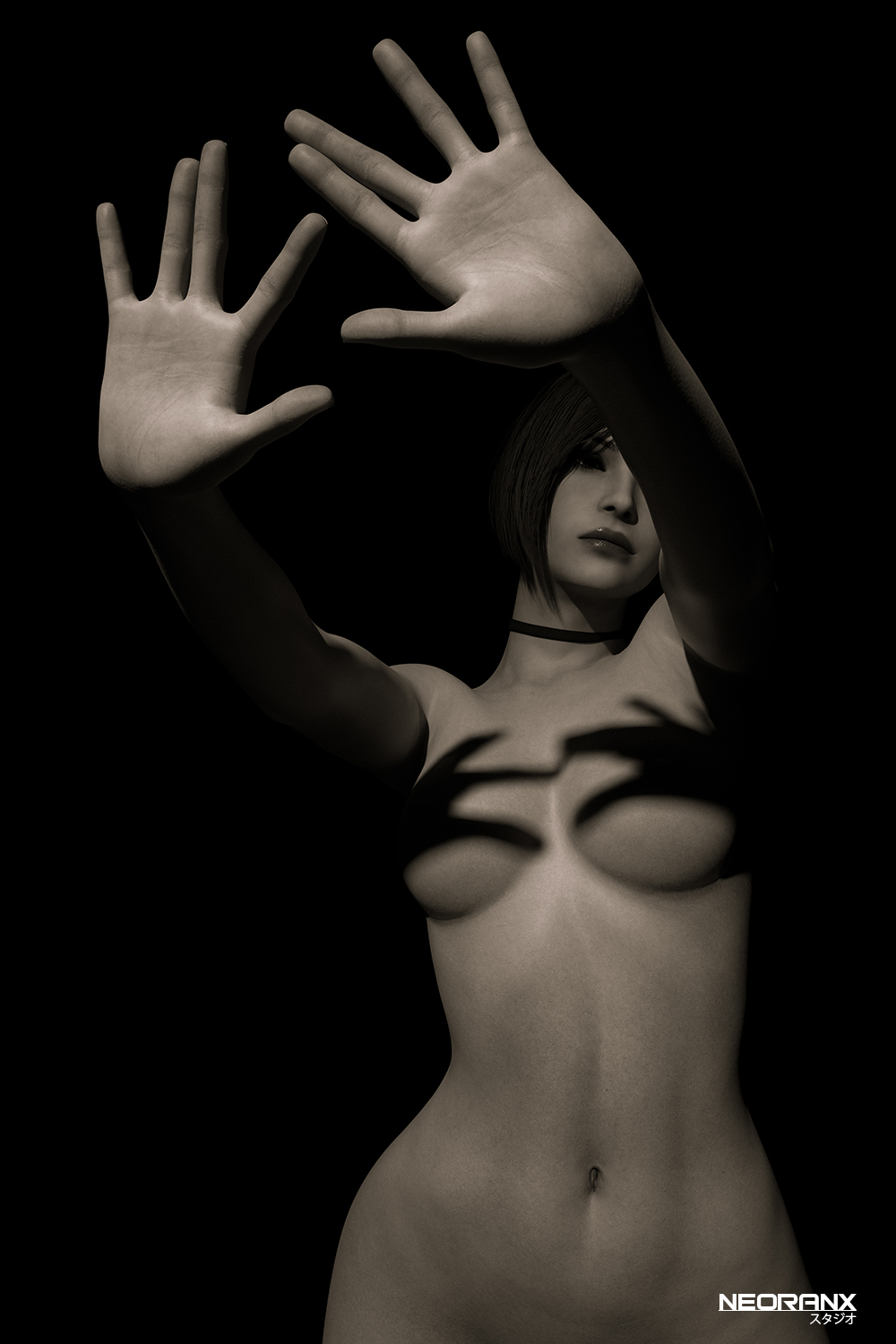 3d, 5 fingers, ada wong, ada wong (adriana), artist name, asian, asian female, belly button, big breasts, big lips, big mouth, black hair, bob cut, breasts, capcom, choker, content smile, convenient censoring, covered nipples, cropped torso, featureless breasts, female, female only, full lips, grey background, grey highlights, hand focus, hands, hands casting shadow, hourglass figure, light skin, light-skinned female, lips, mature, mature woman, medium breasts, meme, naked, naked female, neoranx, nude, nude female, older female, reference, resident evil, resident evil 2, resident evil 2 remake, resident evil 4, resident evil 4 remake, shadow, short hair, short-haired female, slim waist, smile, solo, topless, topless female, upper body, upper body only, wide hips