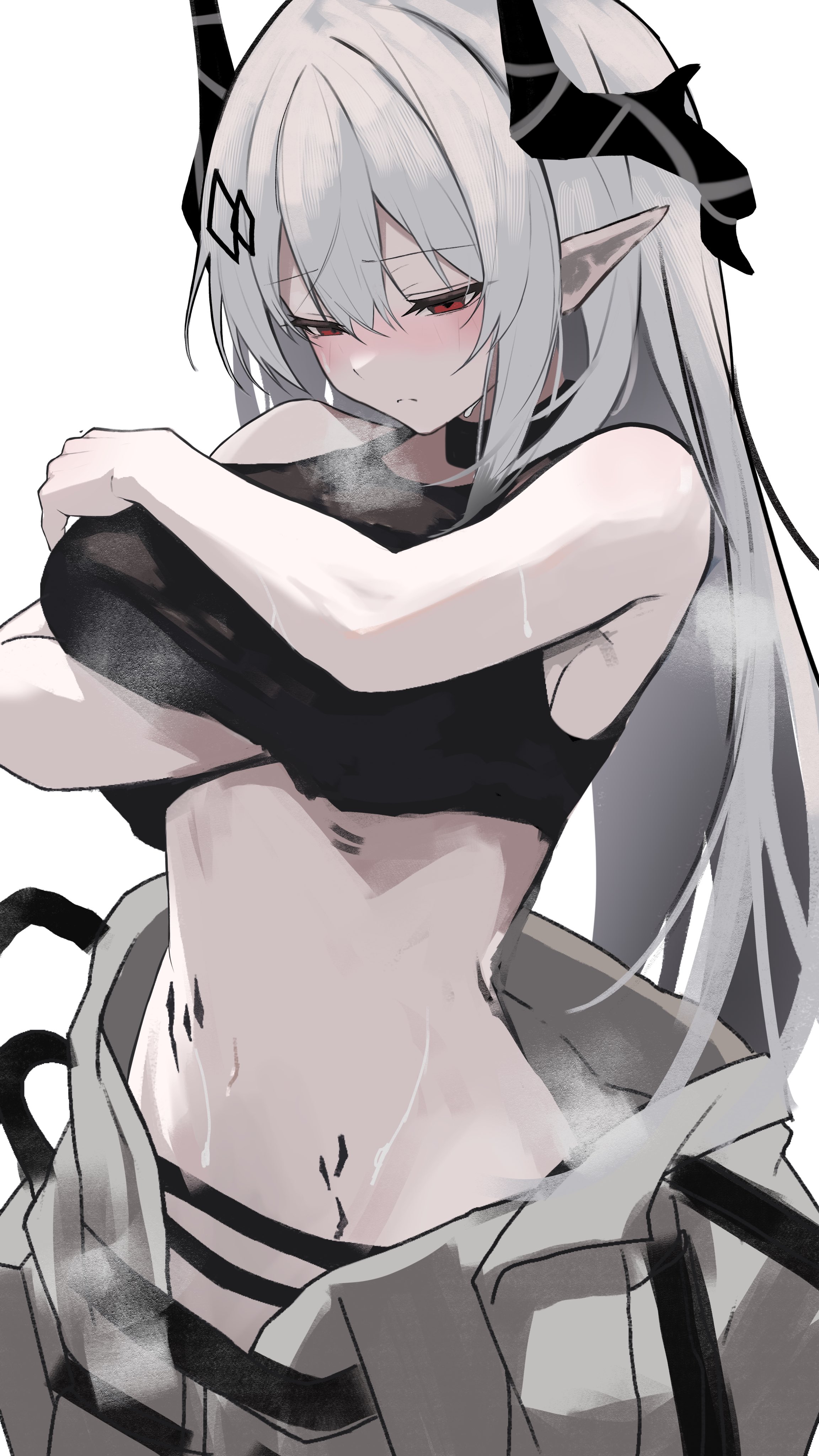 1girl, 1girls, absurd res, arknights, artist request, black sports bra, blush, bodysuit, breasts, demon girl, demon horns, embarrassed, female, female focus, highres, large breasts, material growth, mudrock (arknights), navel, pointy ears, red eyes, shy, simple background, solo, solo female, stomach, sweat, undressing, very long hair, white background