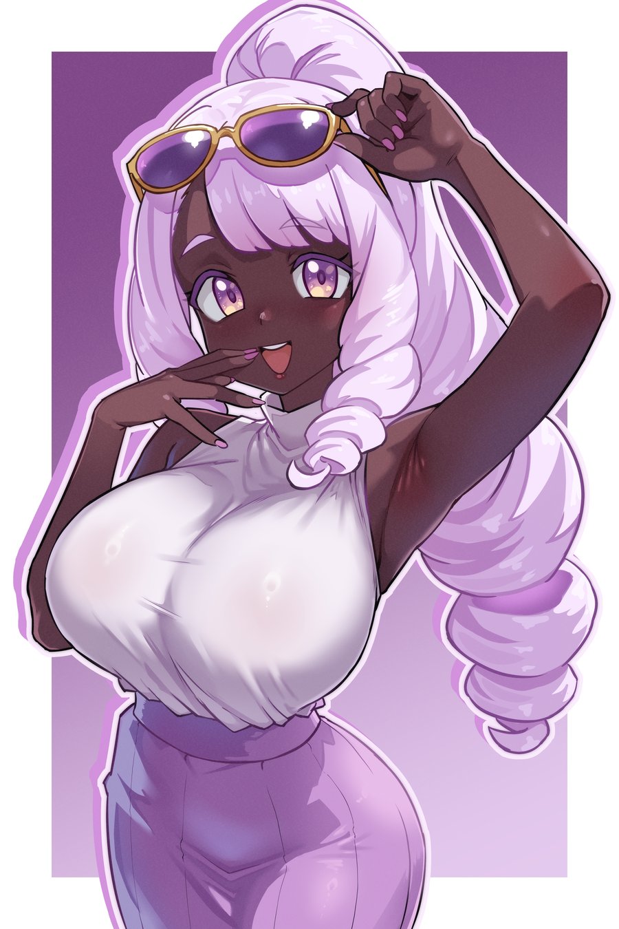 :d, 1girl, adjusting eyewear, alternate breast size (larger), alternate costume, alternate hairstyle, arm up, armpits, big breasts, borrowed design, breasts, cowboy shot, dark skin, dark-skinned female, eyewear on head, game freak, hand to own mouth, high-waist skirt, highres, huge breasts, ihcaris, jacinthe (pokemon), long hair, looking at viewer, low drills, nintendo, open mouth, pink hair, pink nails, pink skirt, pokemon, pokemon legends z-a, pokemon legends: z-a, purple eyes, shirt, sirachi, skirt, sleeveless, sleeveless shirt, smile, solo, taut clothes, very dark skin, white shirt, yukari (pokemon)