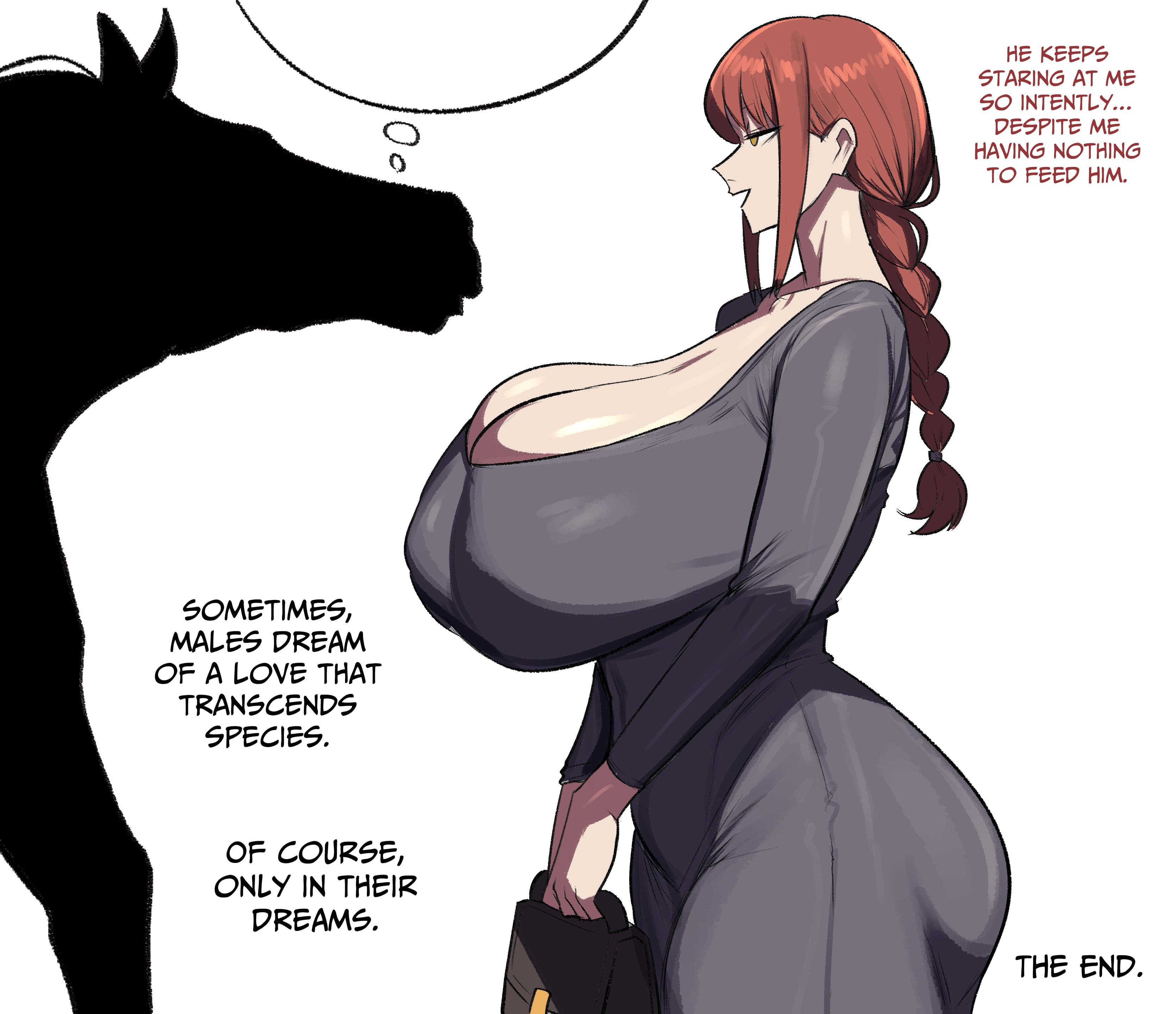 1animal, 1boy, 1girls, 1horse, 2026, 2d, 2d (artwork), absurd res, absurdres, areola, areolae, ass, bestiality, big ass, big breasts, big butt, big thighs, braid, braided hair, braided ponytail, braids, breasts, bubble ass, bubble butt, butt, chainsaw man, cleavage, clothed, clothed female, clothing, collarbone, commentary, curvy, dialogue, dream, duo, english, english commentary, english dialogue, english text, equid, equine, female on feral, feral, feral on female, feral on human, geulimykun (skbyunea413), heavily pregnant, hetero, hi res, highres, horse, huge breasts, huge butt, huge cock, huge thighs, human female, human on feral, large ass, large breasts, large butt, large thighs, light skin, light-skinned female, long hair, makima (chainsaw man), nipples, ponytail, red hair, round ass, round butt, side view, silhouette, silhouetted body, straight, straight hair, text, thick thighs, thought bubble, tied hair, voluptuous, voluptuous female, yellow eyes, zoophilia