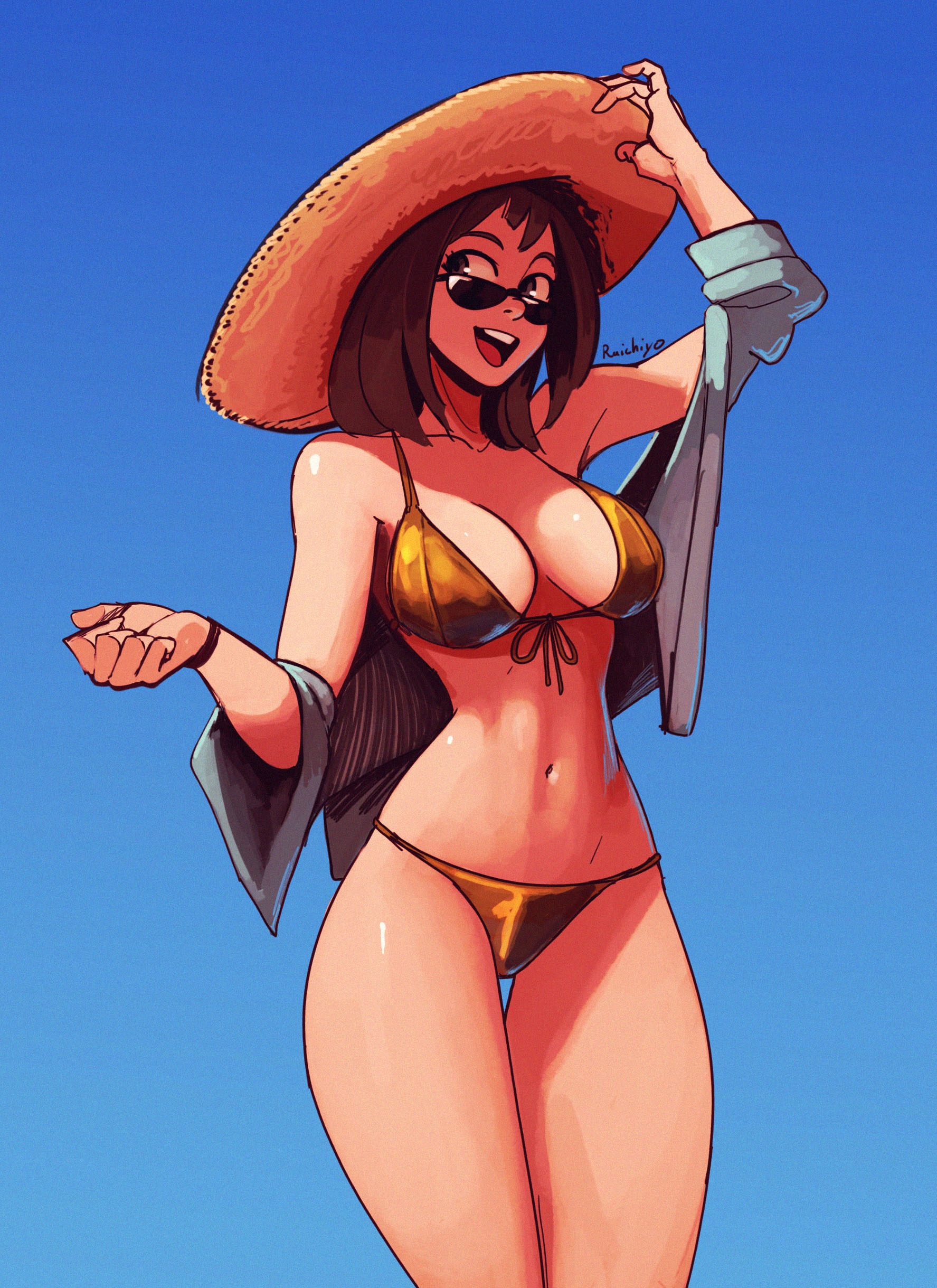1girls, adult female, aged up, bikini, boku no hero academia, brown hair, gold bikini, large breasts, looking over eyewear, looking over sunglasses, my hero academia, ochako uraraka, raichiyo33, slim waist, smiling, straw hat, sunglasses, tinted eyewear, toned female