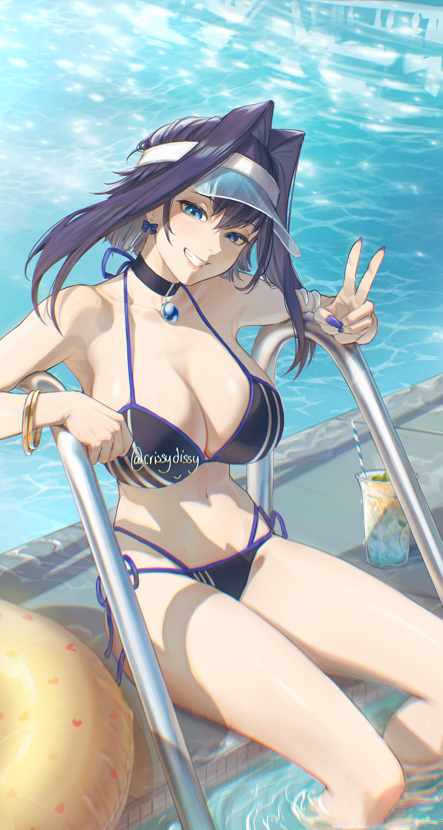 :d, 1girl, 1girls, absurd res, armpits, artist request, bikini, black bikini, blue eyes, bow, bow earrings, bracelet, breasts, choker, cleavage, drink, earrings, fanged bangs, female, female focus, gold bracelet, grin, hair flaps, hair intakes, halterneck, highleg, highleg bikini, highres, hololive, hololive english, long hair, medium breasts, navel, ouro kronii, pendant choker, pool, side-tie bikini bottom, sitting, smile, soaking feet, solo, solo female, stomach, string bikini, swimsuit, tagme, tagme (artist), v, virtual youtuber, visor cap