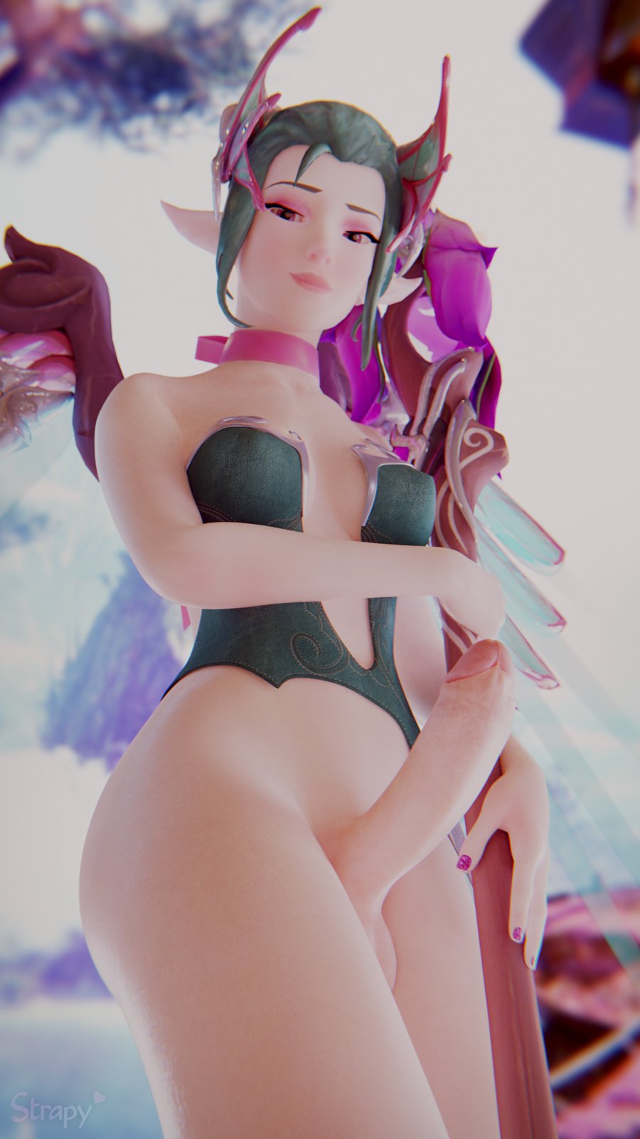 1futa, 3d, alternate costume, balls, blender, breasts, cleavage, dickgirl, erection, futa only, futanari, intersex, looking at viewer, mercy, overwatch, penis, solo, solo futa, strapy, sugar plum fairy mercy, testicles