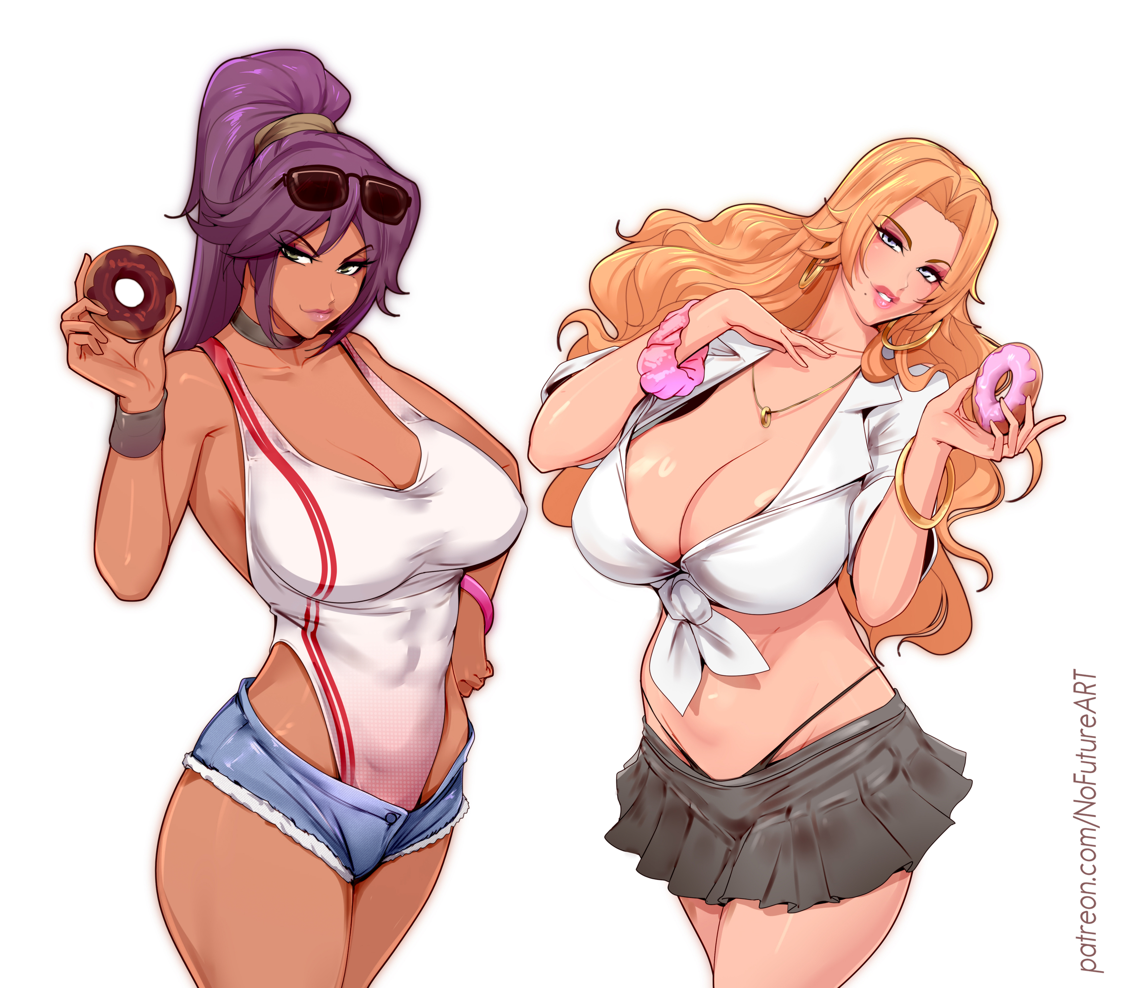 2girls, armwear, artist name, big breasts, black eyes, black thong, bleach, blue shorts, bottomwear, bracelet, breasts, choker, cleavage, donut, ear piercing, earrings, female, female only, food, green eyes, grey skirt, hair, headwear, holding food, holding object, hoop earrings, huge breasts, lips, long hair, matsumoto rangiku, mature, mature female, miniskirt, mole, mole under mouth, necklace, neckwear, nofuture, one-piece swimsuit, orange hair, parted lips, pink lips, ponytail, purple hair, shihouin yoruichi, shirt, short shorts, short skirt, shorts, skirt, sunglasses, sunglasses on head, swimsuit, swimsuit under clothes, swimwear, thick lips, thighs, thong, tied hair, topwear, white background, white shirt, white swimsuit
