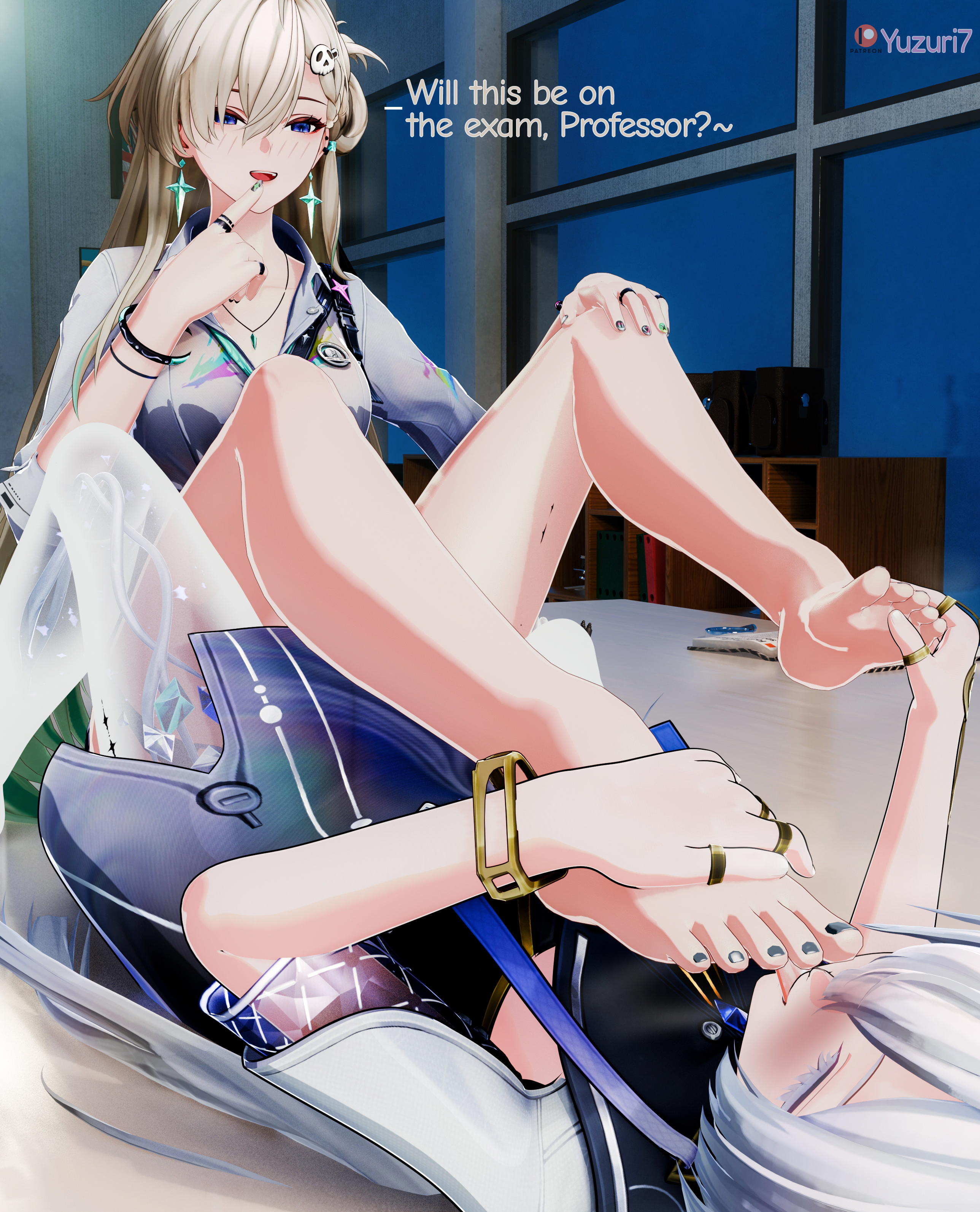 2girls, 3d, 3d (artwork), bare legs, barefoot, blender, blonde hair, blue eyes, blush, classroom, closed eyes, clothed female, english text, feet, female, female only, foot fetish, foot focus, foot lick, foot play, foot worship, gyaru, happy, hi res, highres, holding feet, indoors, licking, long hair, looking at another, looking down, lying, lynae (wuthering waves), mornye (wuthering waves), nail polish, sitting, teacher and student, teasing, text, toes, white hair, wuthering waves, yuri, yuzuri7