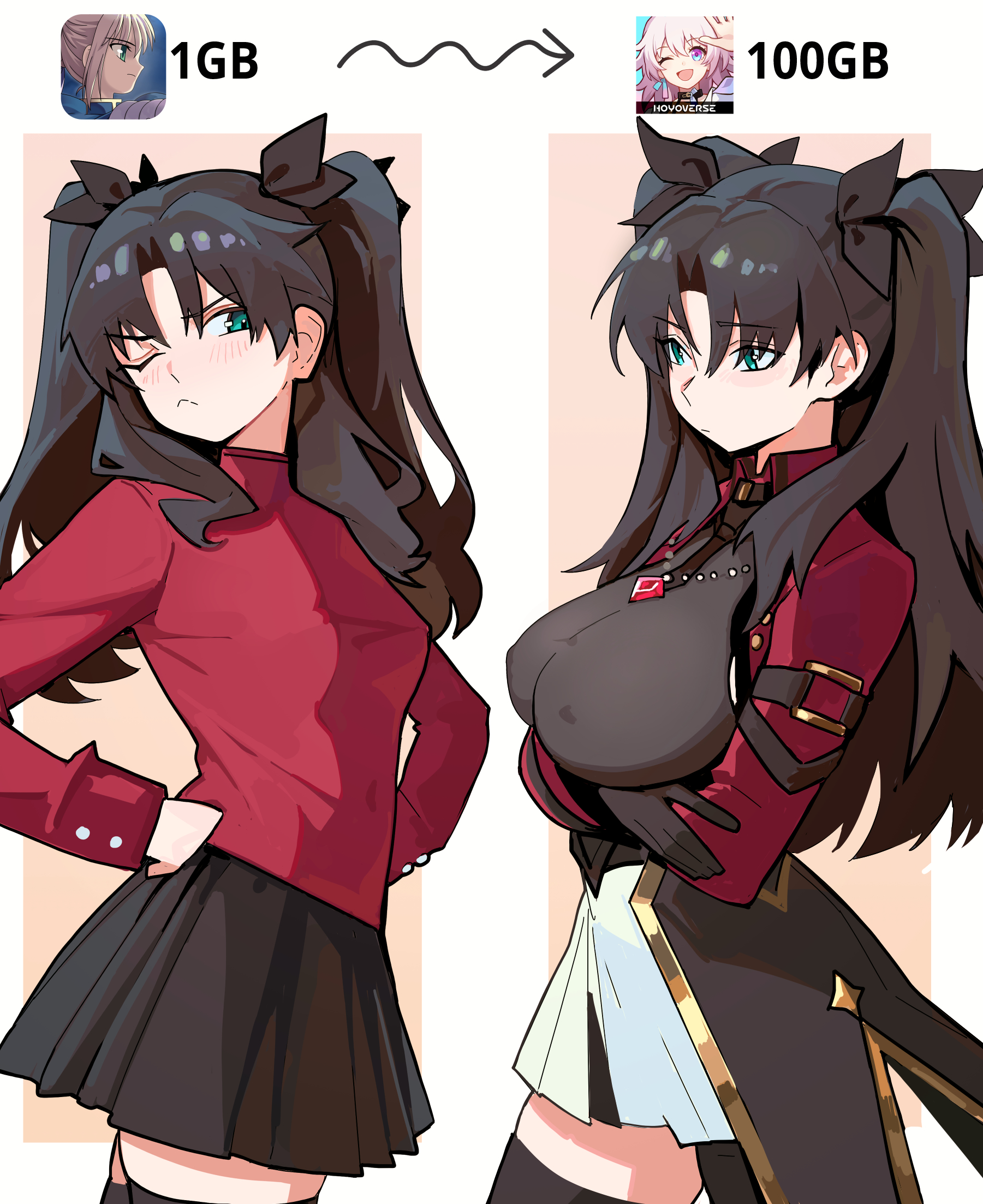 2026, alternate breast size, big breasts, breasts comparison, breasts focus, distrbeachboy, fate (series), fate/stay night, honkai (series), honkai: star rail, huge breasts, ninra, nipple bulge, tagme, tohsaka rin, tohsaka rin (honkai: star rail), twintails