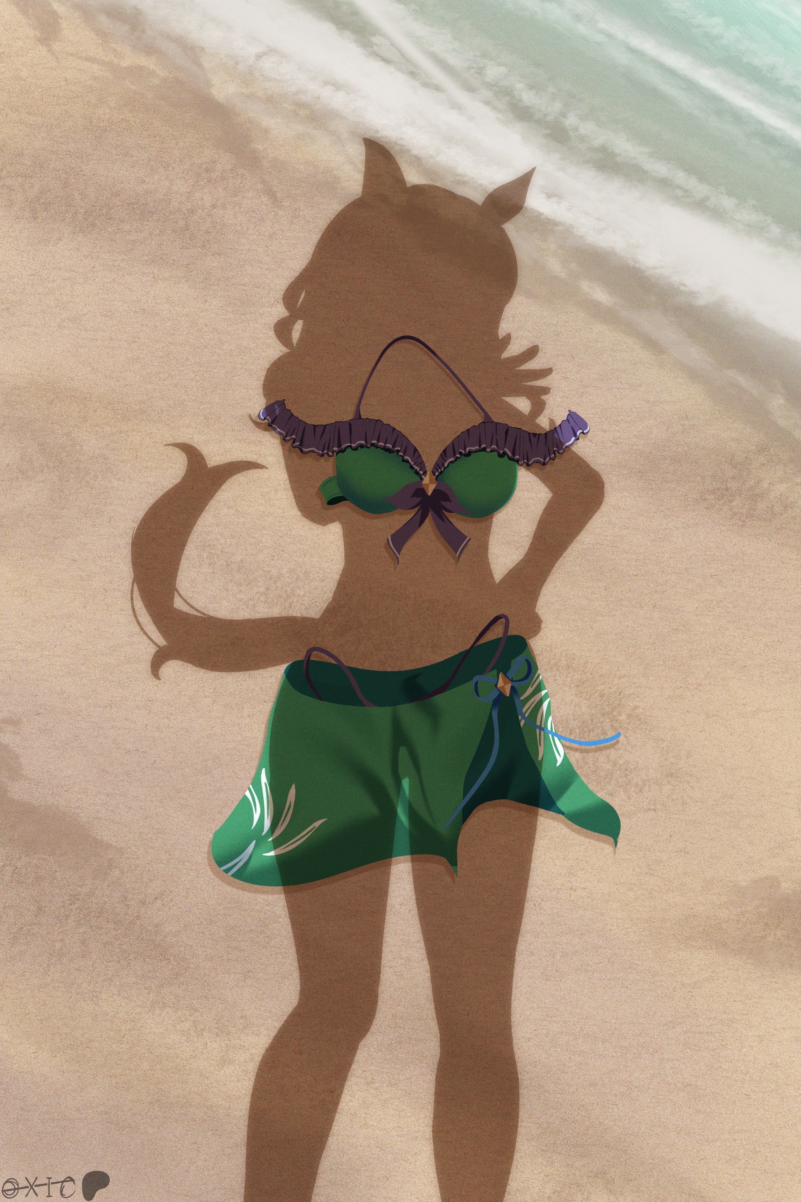 1girl, beach, dressed shadow (meme), green bikini, horse girl, implied exhibitionism, implied nudity, king halo (umamusume), meme, outdoors, oxicmar, solo, standing, umamusume, umamusume pretty derby, unworn bikini