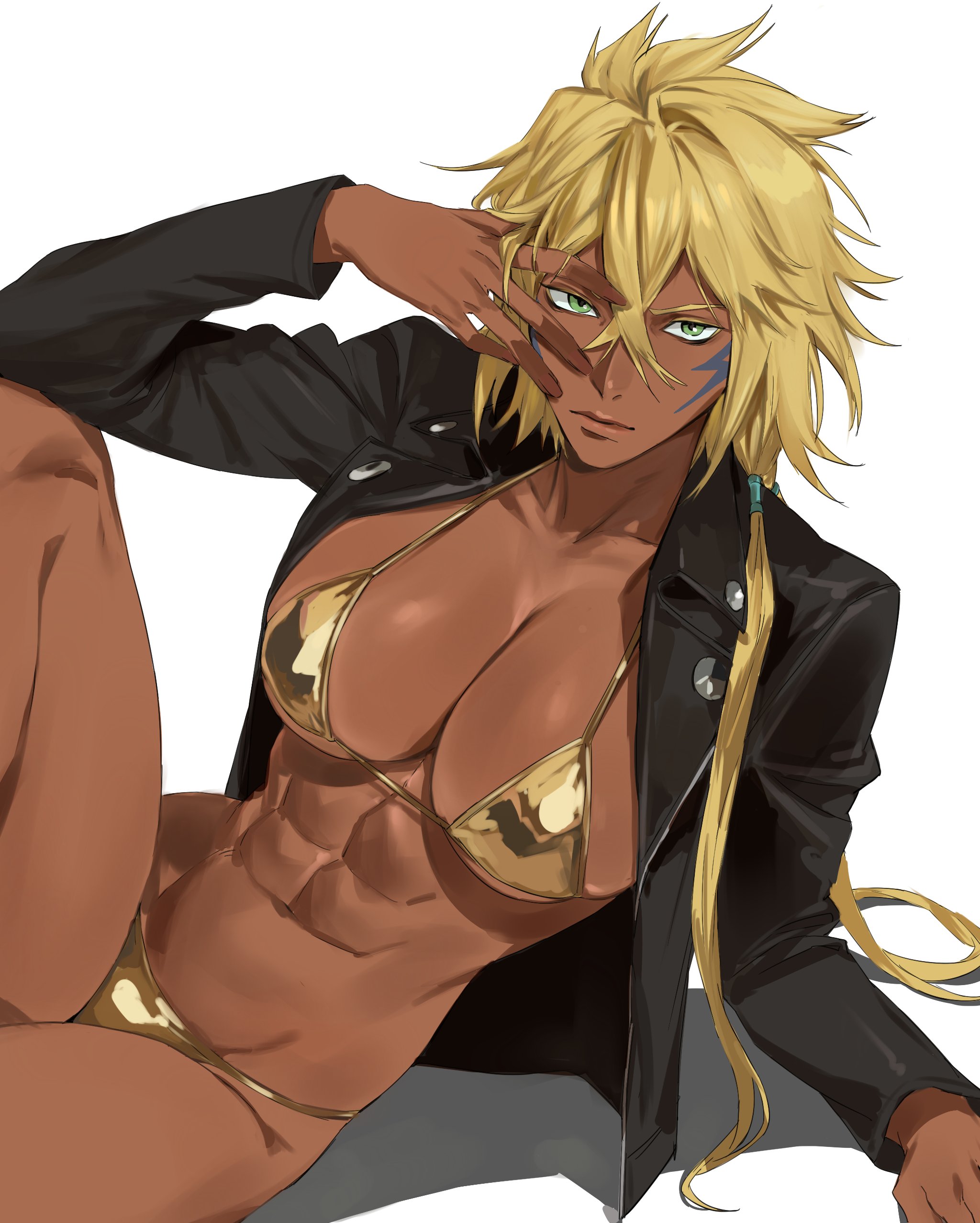abs, african female, big breasts, bleach, blonde hair, busty, busty female, curvy, curvy female, dark-skinned female, enargeia, gold bikini, hair between eyes, juicy lips, long hair, muscular female, open jacket, ponytail, pose, taiyang yu, thick thighs, tia harribel, wide hips