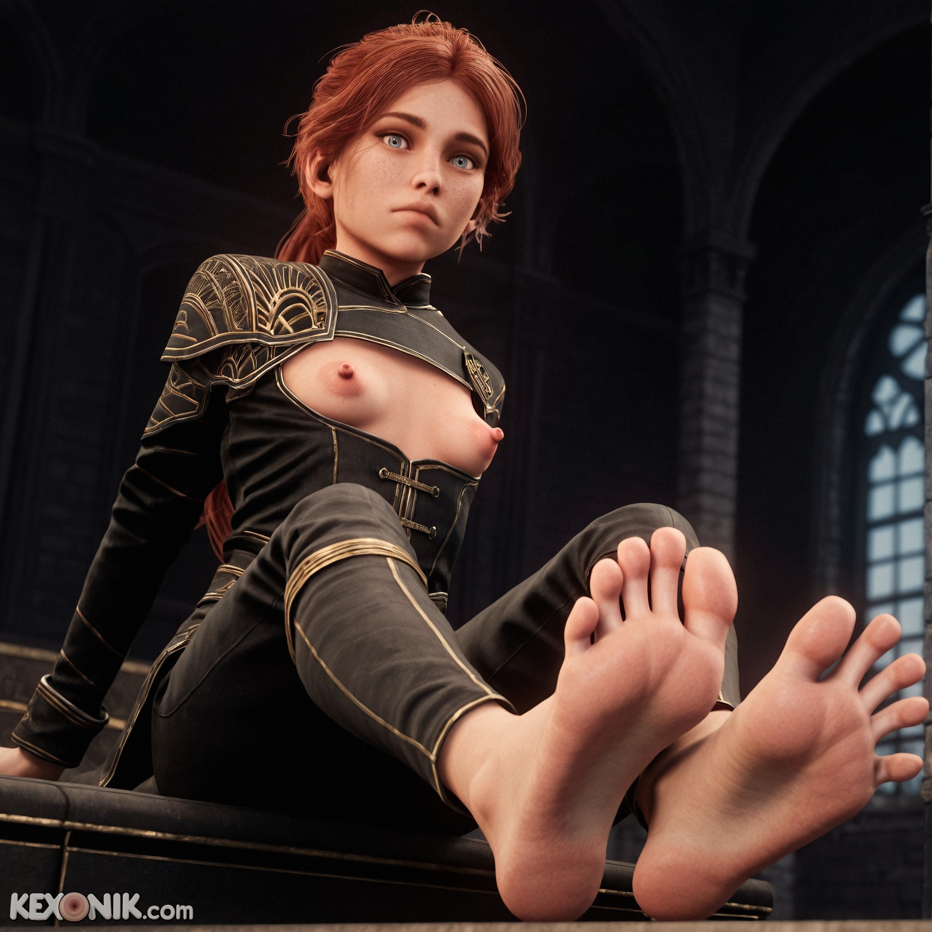:<, ai generated, armor, black jacket, black pants, breasts out, clair obscur: expedition 33, clitoris, excessive, feet, feet together, female, female only, foot focus, from below, gold trim, indoors, kexonik, large areolae, looking at viewer, luxurious, maelle (clair obscur: expedition 33), manor, petite, petite body, puffy areolae, puffy nipples, redhead, side view, sitting, skinny, slim, small breasts, soles, solo, spread toes, teenage girl, teenager, tiny breasts, toes