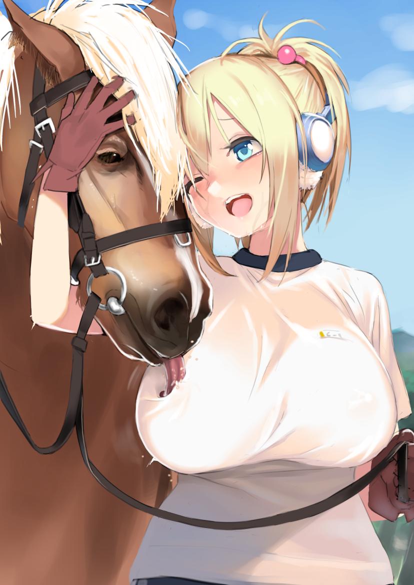 ;d, 1girls, ambiguous gender, bestiality, big breasts, blonde hair, blue eyes, blush, breast lick, breast licking, breasts, female, feral, furry, gen (black factory), horse, huge breasts, human, interspecies, licking, licking breast, nipple licking, oral, original, ponytail, reins, saliva, shirt, size difference, smaller female, smile, tongue, wink, zoophilia