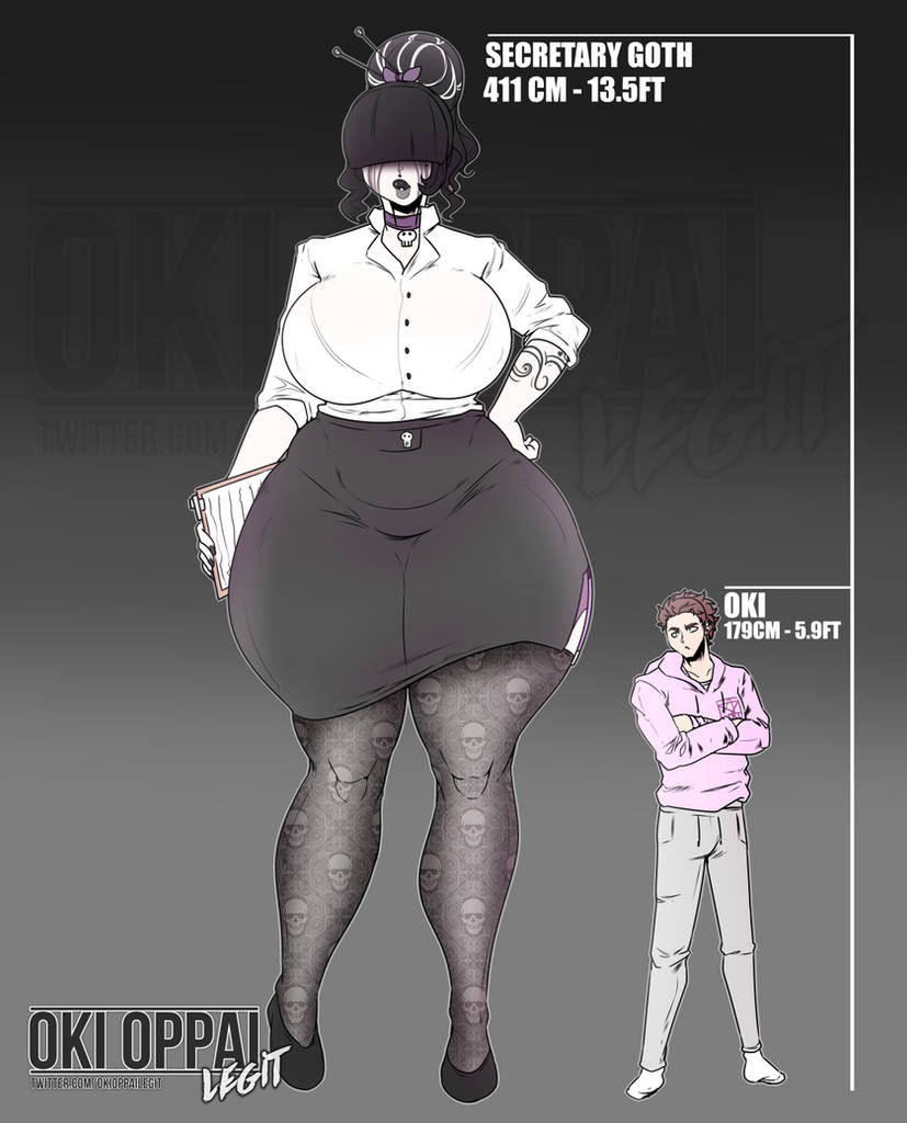 1boy, 1girl1boy, 1girls, bangs, bangs over eyes, black hair, buxom breasts, deviantart, eyes covered, goth, goth girl, height difference, huge breasts, large breasts, okioppai, reference sheet, secretary, secretary goth (okioppai), secretary outfit, short hair, shorter male, taller female, thick thighs