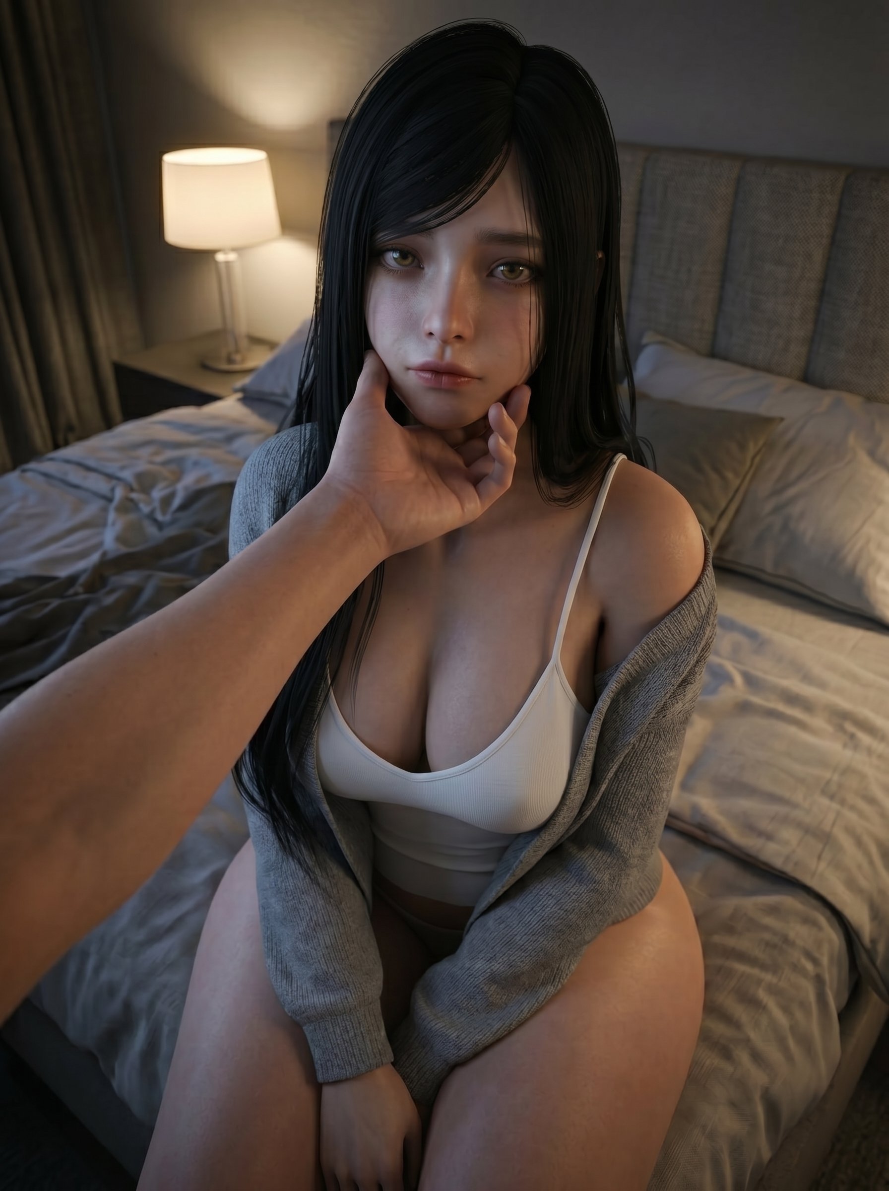 1boy, 1girl, ai generated, android, asian, asian female, bangs, bare legs, bare thighs, bedroom, black hair, cleavage, cleavage cutout, cuote4mikewhere, female, hand on face, hourglass figure, hourglass figured female, intimate, large breasts, long hair, long sleeves, male, open jacket, raven (stellar blade), sfw, sitting, sitting on bed, sleeveless, sleeveless shirt, slim waist, stellar blade, tagme, tanktop, thick thighs, wholesome, wide hips