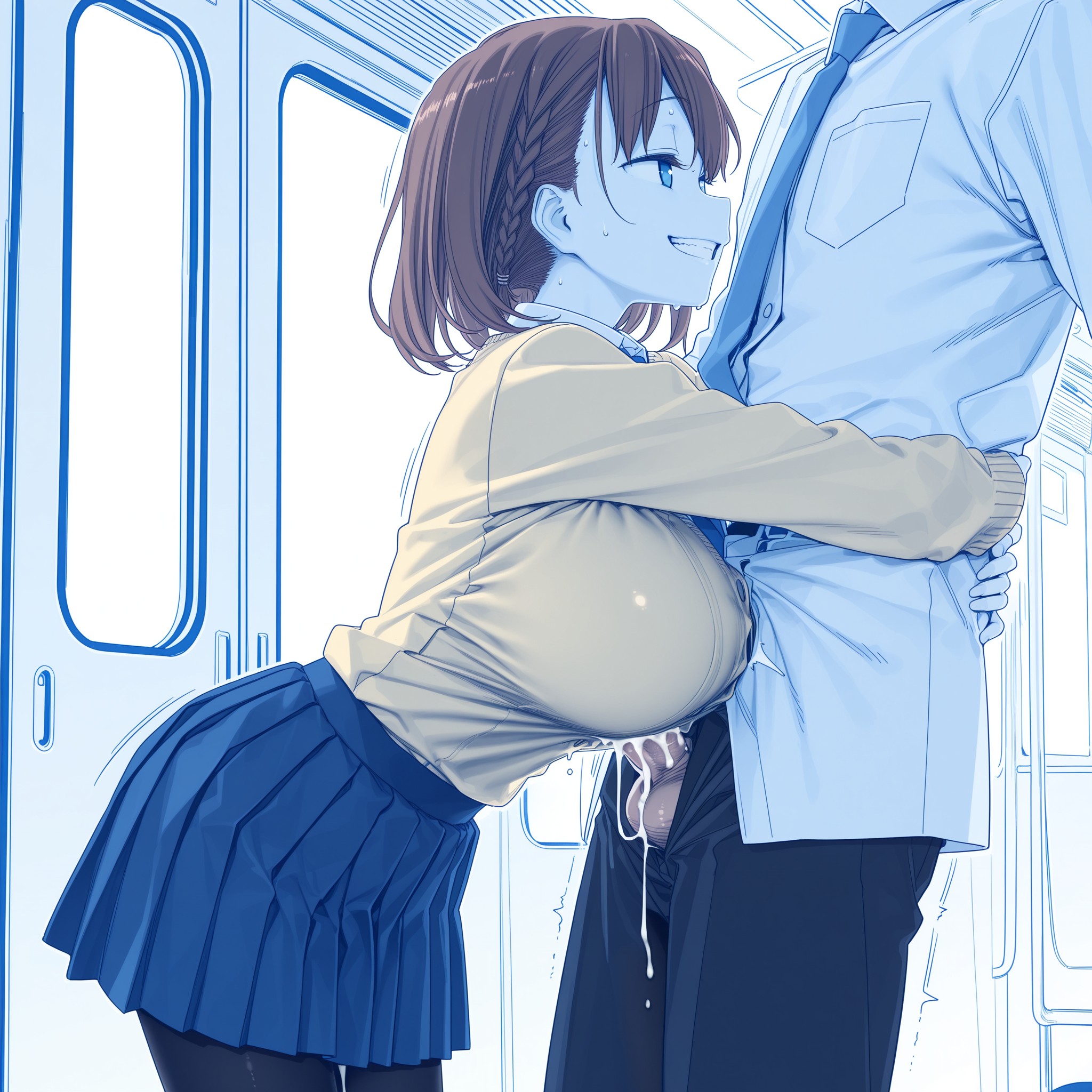 1boy, 1girl, ai generated, ai-chan (tawawa), balls, belt, black pants, black pantyhose, blue eyes, blue skirt, blue theme, braid, breasts, brown hair, cardigan, clenched teeth, clothed sex, cum, cum on body, cum on penis, dress shirt, female, from side, getsuyoubi no tawawa, grin, handsfree paizuri, hetero, huge breasts, large breasts, leaning forward, long sleeves, male, miniskirt, mole, motion lines, necktie, paizuri, pants, pantyhose, penis, penis out, perpendicular paizuri, pleated skirt, pocket, profile, school uniform, shirt, short hair, side braid, skirt, smile, smirk, solo focus, standing, sweat, sweater, teeth, testicles, train interior, trembling, unbuttoned, white shirt