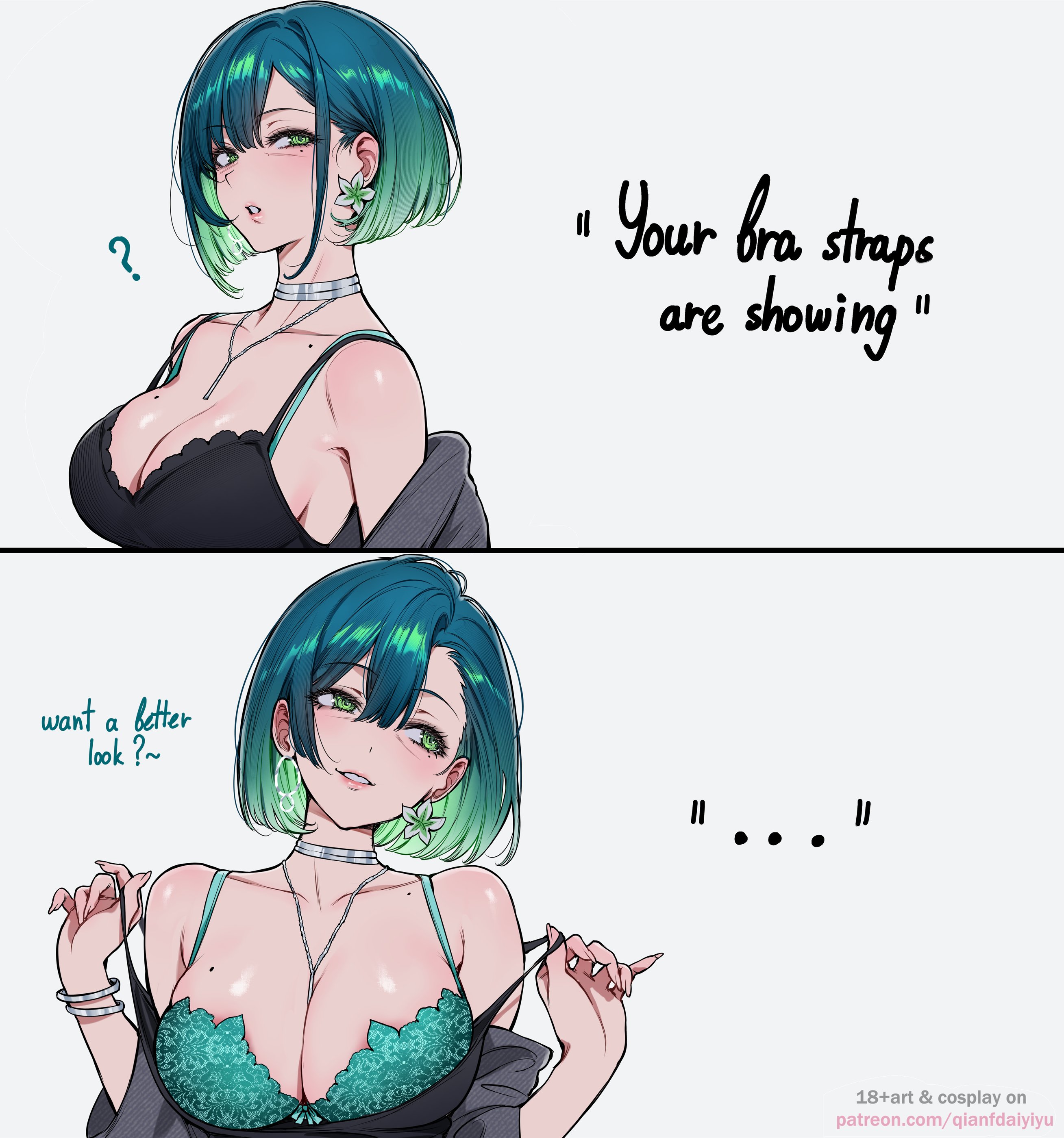 ?, 1girl, 1girls, absurd res, areola slip, blush, bra, bra strap is showing (meme), bracelet, breasts, choker, collarbone, earrings, english text, gradient hair, green bra, highres, jewelry, large breasts, mature female, medium hair, meme, mole, mole on breast, mole under eye, multiple views, necklace, off shoulder, original, original character, parted lips, qiandaiyiyu, rin (qiandaiyiyu), short hair, simple background, underwear, white background