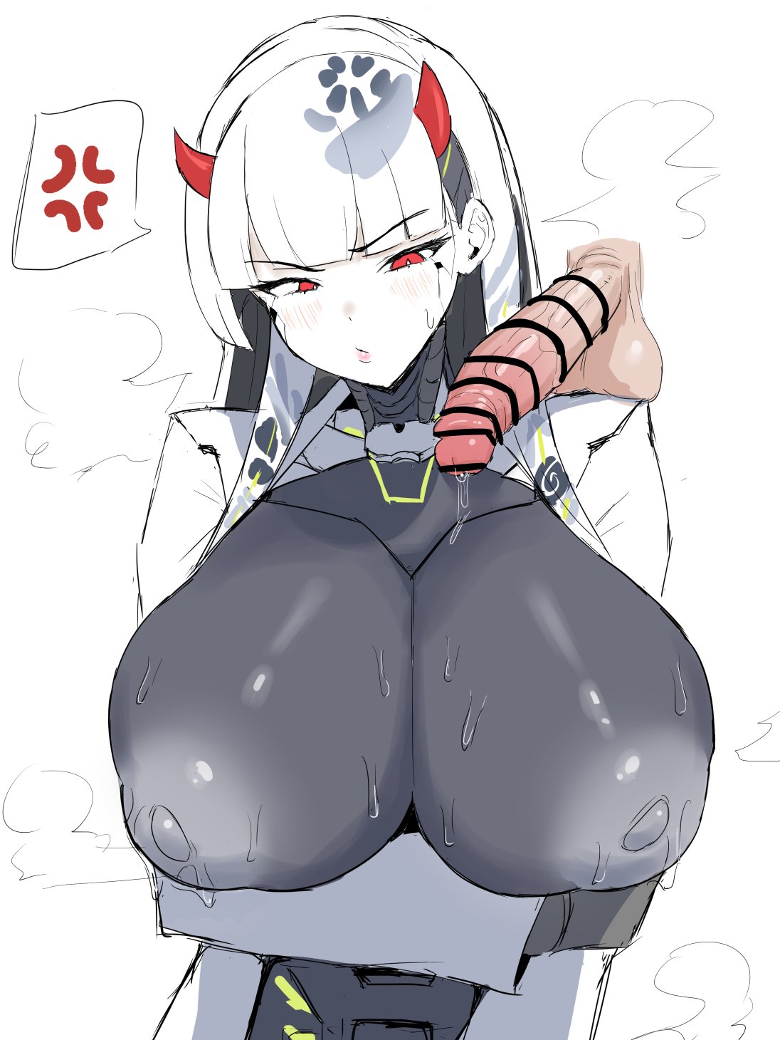 1boy 1girls 2026 2d_(artwork) activision android big_breasts blushing clank_clank_clank erect_nipples horns huge_breasts humanoid jacket large_areolae omnic oni overwatch penis red_eyes shion_(overwatch) sochin_douji tagme white_background white_body white_hair