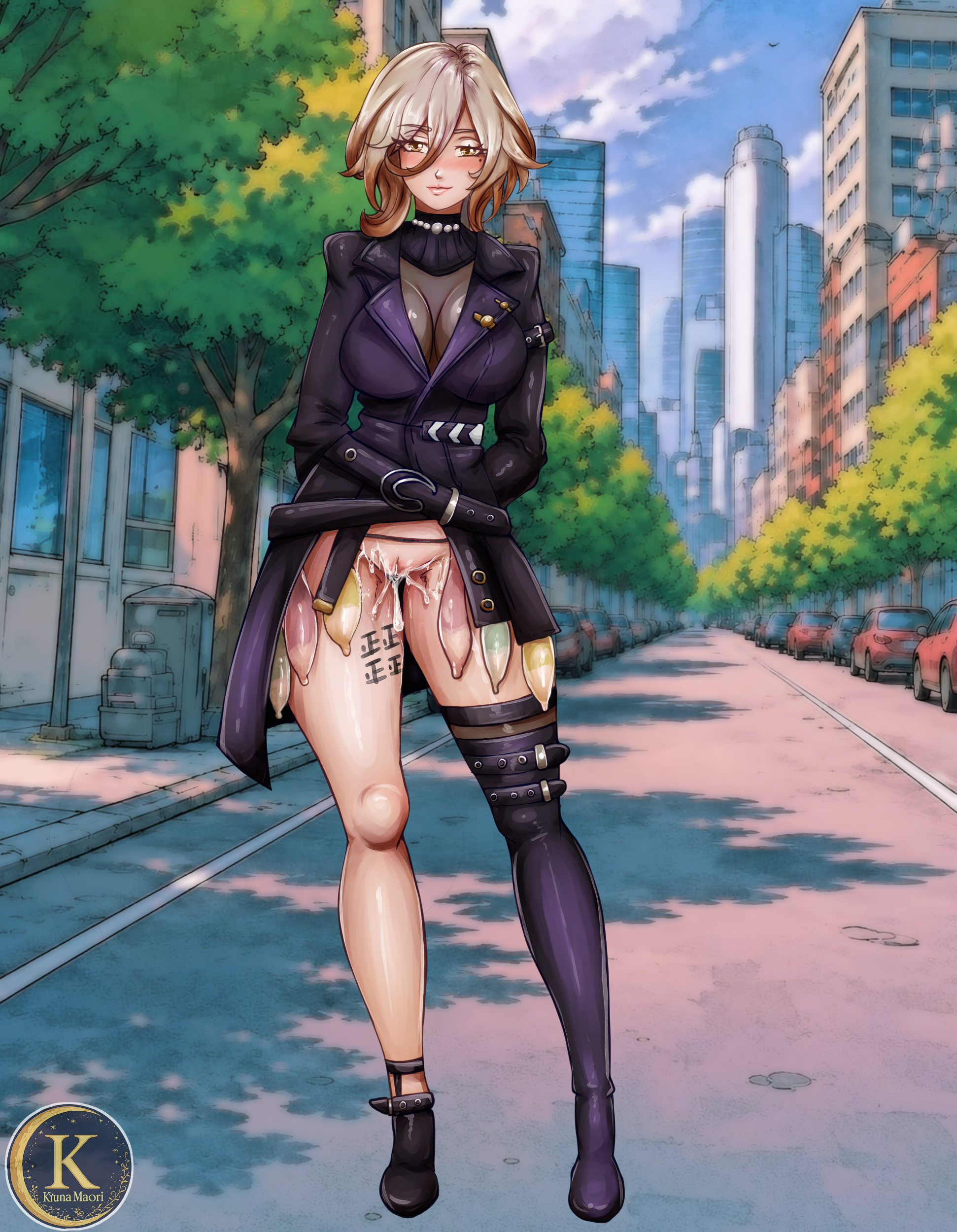 1girls, after sex, body writing, bottomless, condom balloon, cum, cum in pussy, female, female only, free use, heels, honkai: star rail, kuchiba (honkai: star rail), kyunamaori, public, smile, solo, tally marks