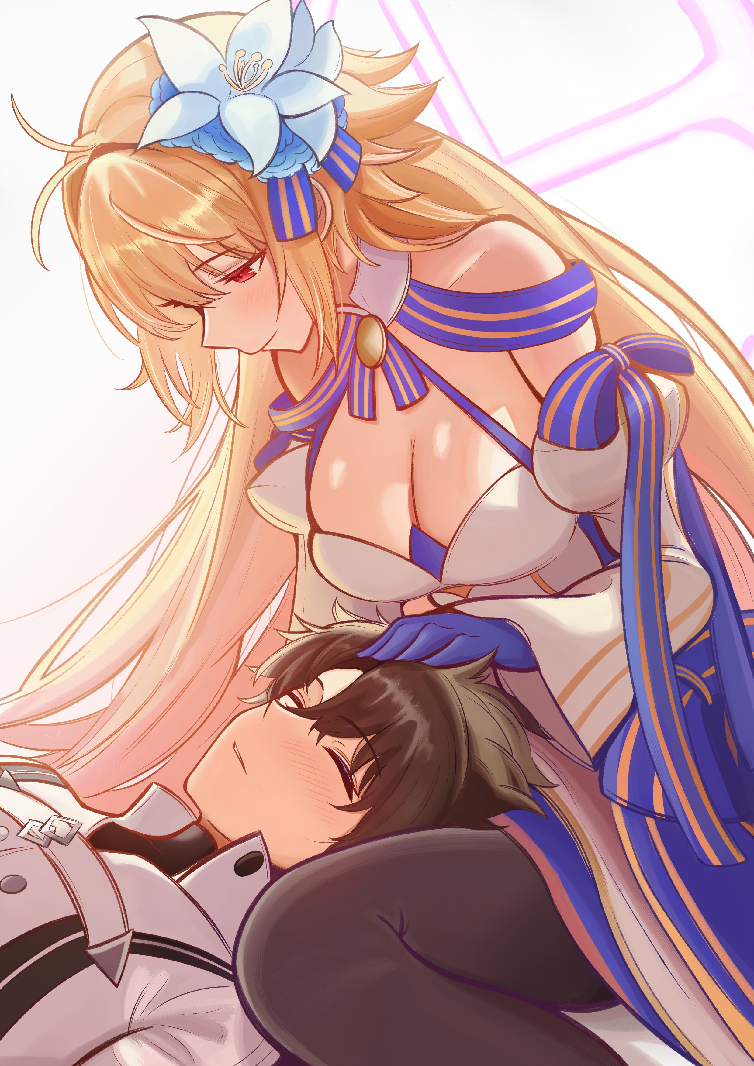 0nineo9, 1boy, 1boy1girl, 1girl, 1girls, absurd res, archetype earth, archetype earth (third ascension), arcueid brunestud, blonde hair, blonde hair female, blue gloves, blue skirt, blush, breasts, cleavage, cress, detached collar, detached sleeves, fate (series), fate/grand order, flower, fujimaru ritsuka (male), fujimaru ritsuka (male) (decisive battle chaldea uniform), gloves, highres, jacket, lap pillow, long sleeves, medium breasts, multicolored skirt, pantyhose, red eyes, short hair, skirt, sleeping, very long hair, white jacket, wholesome