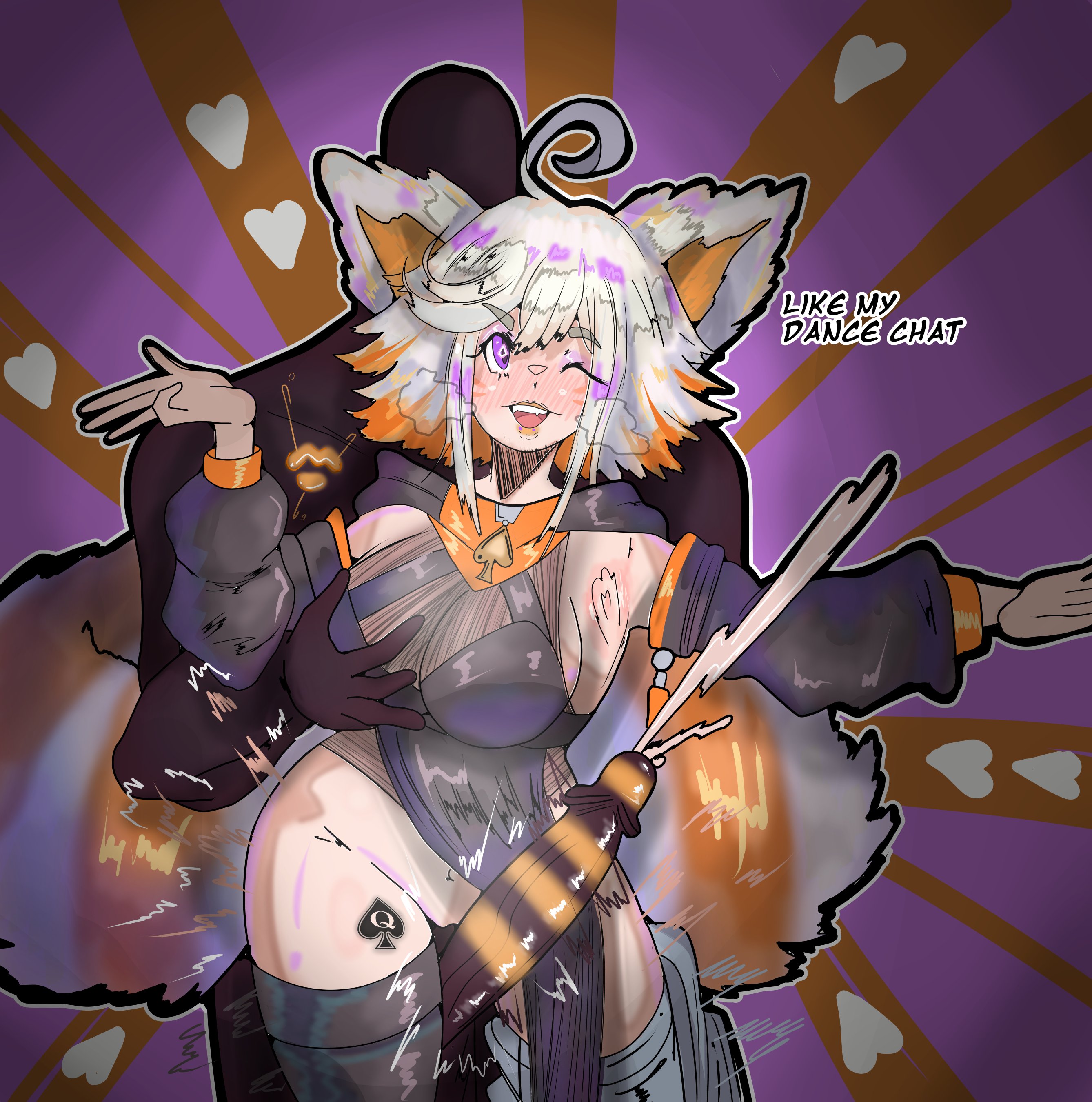 1boy, 1girls, arm sleeves, big breasts, blacked, breasts, clothed, clothed female, clothing, color, cum, dark-skinned male, demenishki, dialogue, ejaculation, english text, female, female focus, grandarcch, hetero, interracial, light skin, lipstick mark, lipstick on penis, lipstick ring, male, open eyes, open mouth, open smile, orange hair, penis, qos, qos tattoo, queen of spades, smile, straight, tail, text, thigh sex, thighjob, thighs, twitter link, virtual youtuber, vtuber, white hair