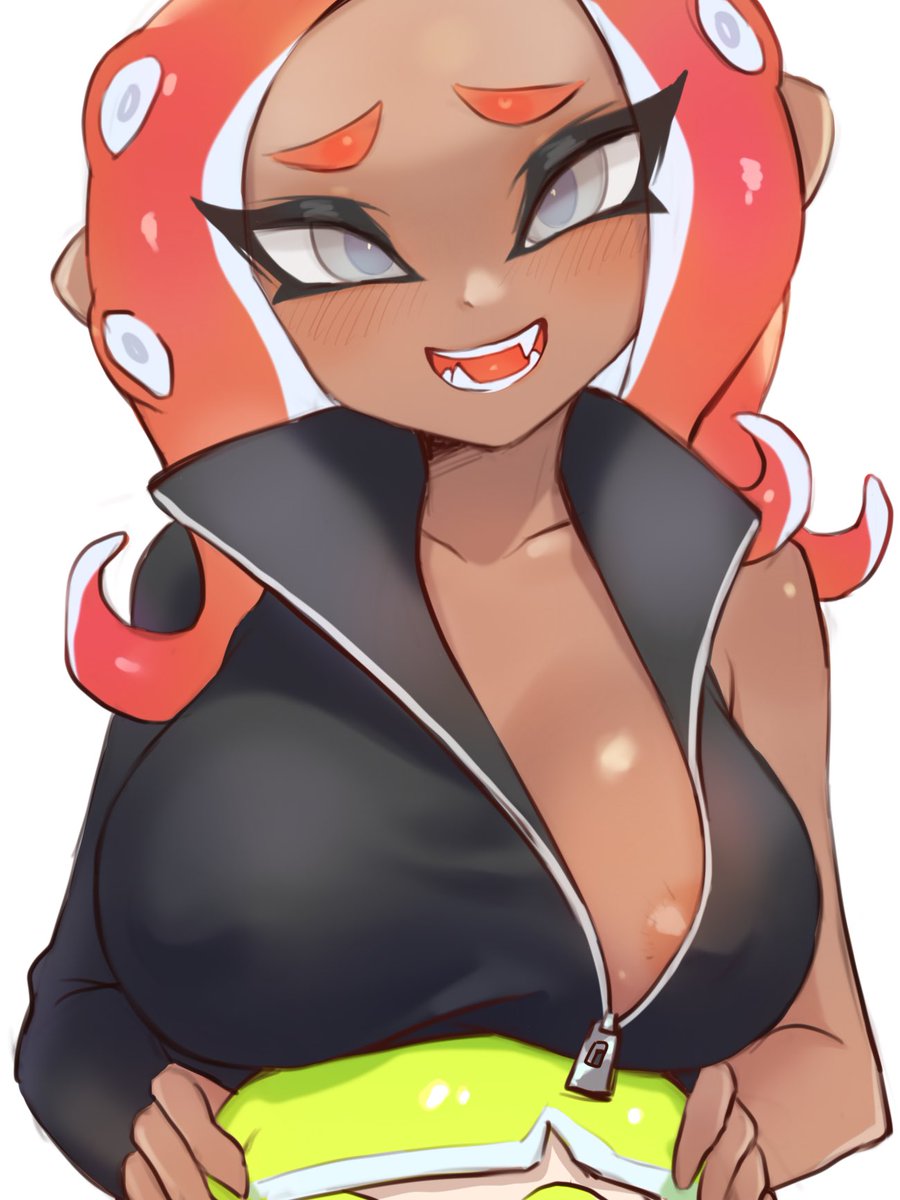 1girls, agent 3 (splatoon), agent 8 (octo expansion), agent 8 (splatoon), areola slip, areolae, blue eyes, blush, breasts, breasts on head, cleavage, erect nipples, female, female only, inkling, jtveemo, looking at viewer, nintendo, nipples, no bra, octoling, open mouth, pink hair, smile, solo, splatoon, splatoon (series), splatoon 2, splatoon 2: octo expansion