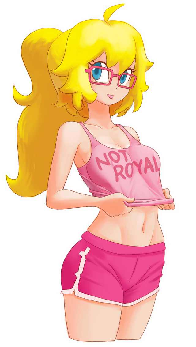 1girls, 2018, blonde hair, blue eyes, buruma, clothes writing, clothing, disguise, english text, female, female only, fully clothed, glasses, long hair, long ponytail, mario (series), midriff, minus8, nintendo, ponytail, princess peach, shirt, shorts, simple background, smile, solo, standing, text, tied hair, white background