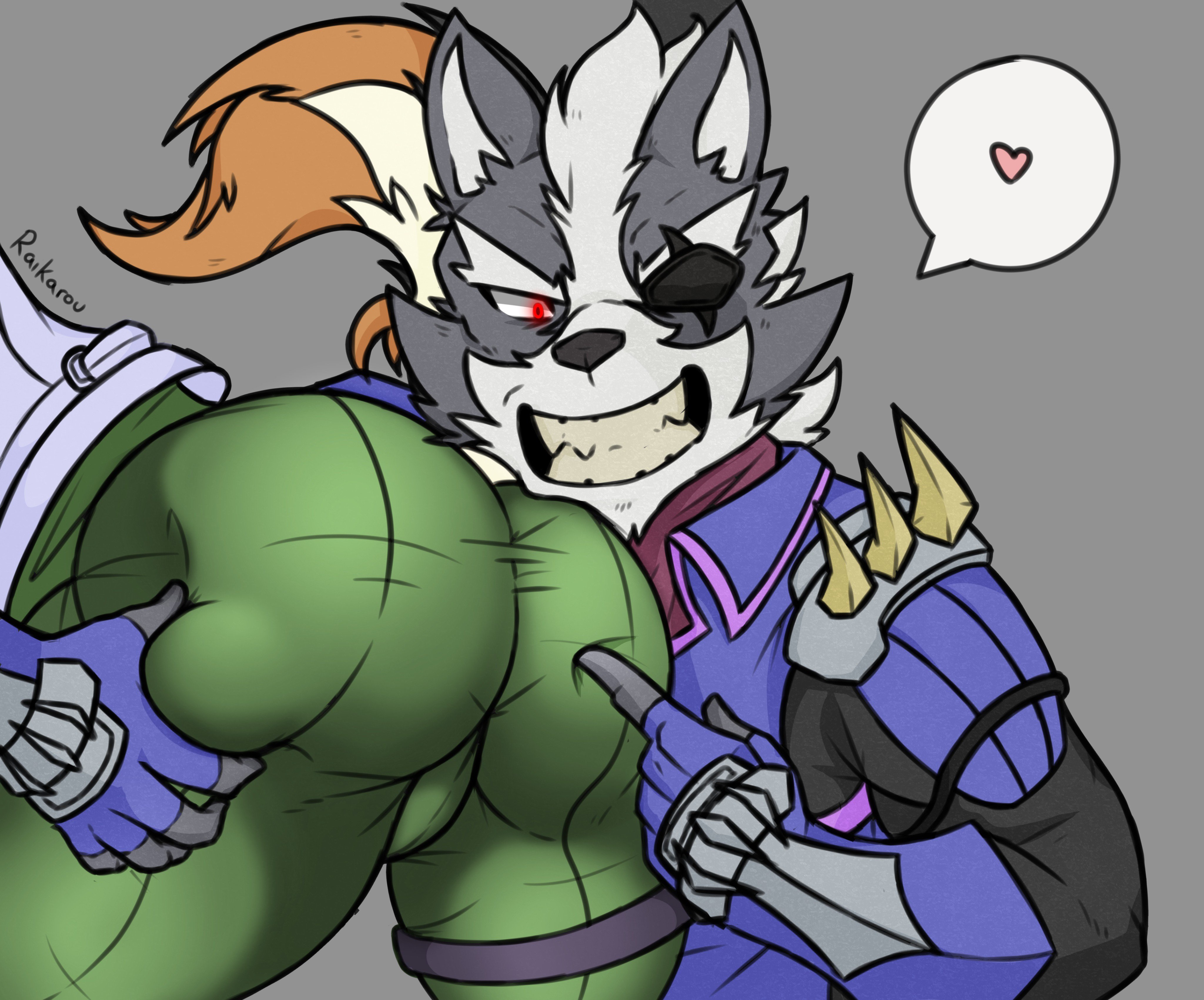 2boys, absurd res, anthro, ass, ass focus, ass grab, bubble ass, bubble butt, bulge, butt focus, butt grab, canid, canine, canis, clothed, clothes, clothing, color, duo, eyepatch, fox, fox mccloud, fully clothed, furry, gay, grey background, grope, groping, hand on ass, heart, hi res, male, male only, mammal, muscles, muscular, muscular male, nintendo, no humans, plain background, pointing, presenting, presenting hindquarters, red eyes, smile, speech bubble, star fox, summercometz, tail, teeth, tight clothing, uncensored, video games, wolf, wolf o'donnell, yaoi