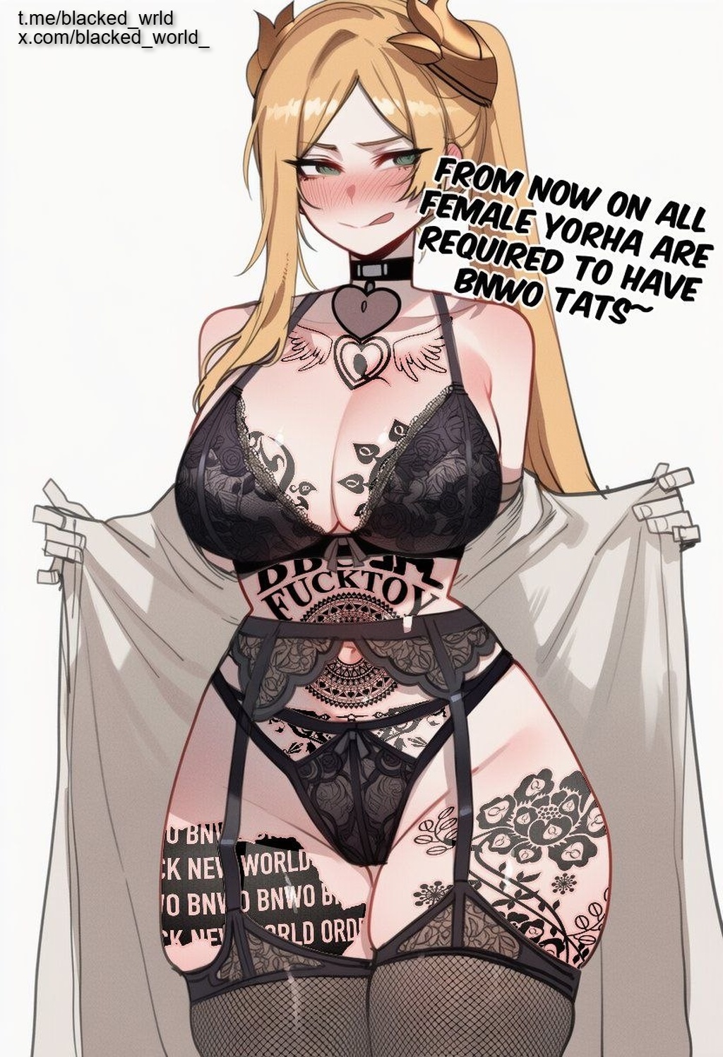 1girl, ai generated, animal ears, anime style, ass focus, black dress, black lingerie, blacked queen, blacked wrld, blue eyes, blush, body writing, breeding, breeding cow, bunny ears, clothing aside, curvy, drool, explicit, exposed breasts, hand on face, heart tattoo, heavy makeup, heterochromia, highres, huge ass, huge breasts, large breasts, long hair, mind break, mirror selfie, nipples, open mouth, peace sign, puffy nipples, queen of spades, saliva, solo, spade tattoo, standing, submissive female, sweat, sweatdrops, tattoo, thick thighs, tongue out, v sign, voluptuous, white hair, wide hips