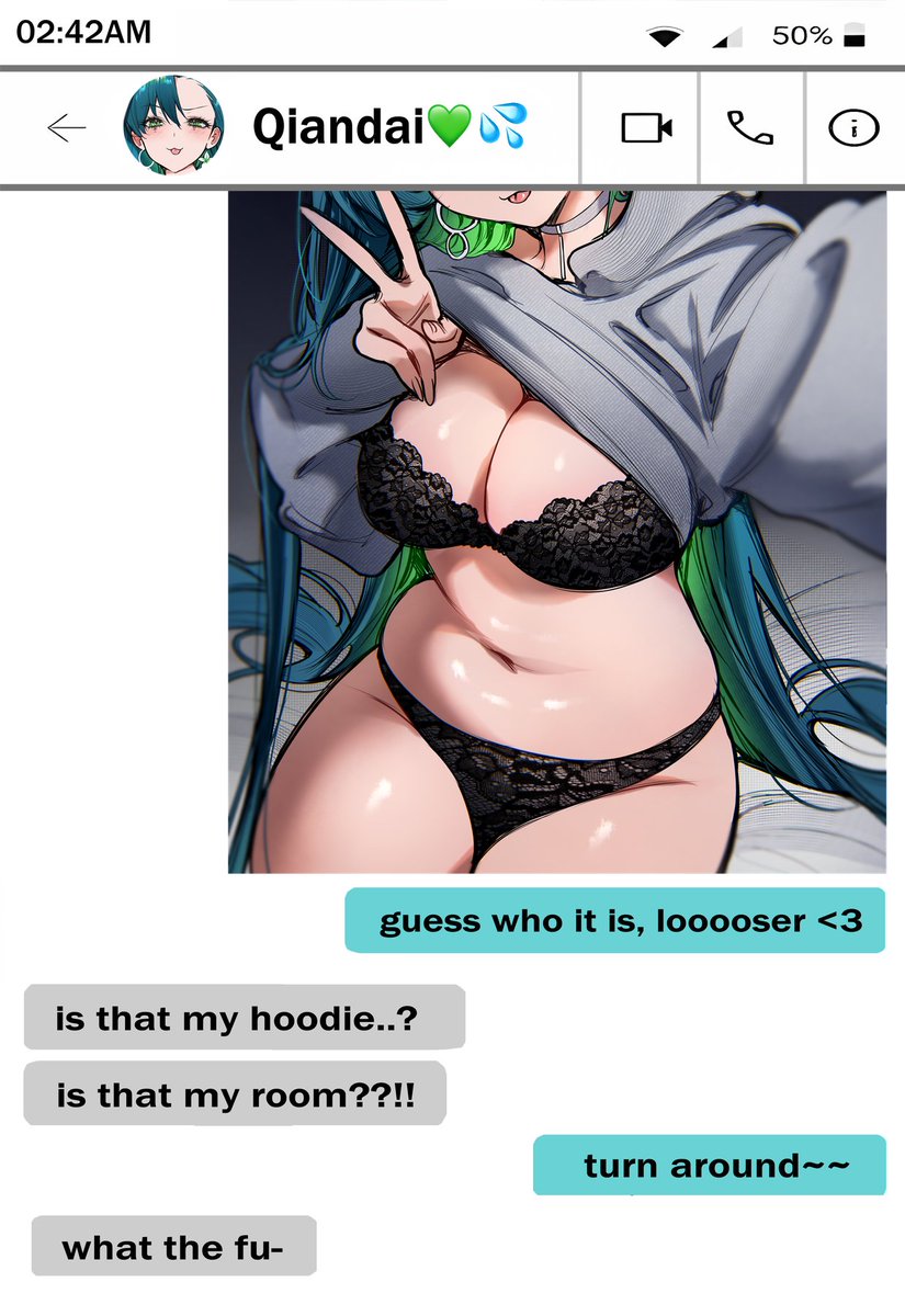 1girl, 1girls, black bra, black panties, bra, breasts, chat log, cleavage, clothes lift, english text, fake phone screenshot, fake screenshot, grey hoodie, hand up, highres, hoodie, hoodie lift, large breasts, long hair, navel, original, panties, qiandaiyiyu, rin (qiandaiyiyu), solo, solo female, stomach, sweater lift, underwear, v, very long hair, wholesome