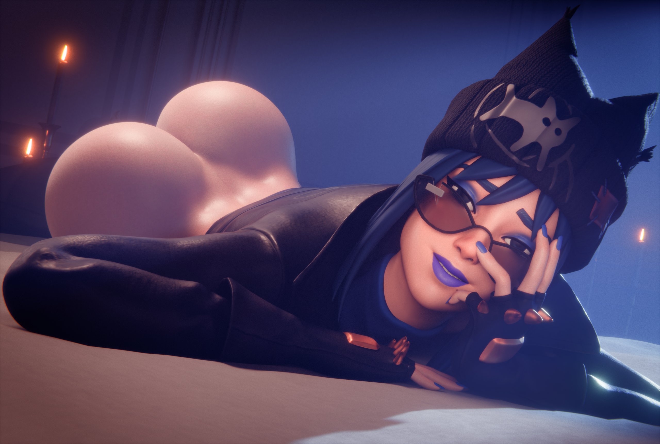 1female, 1girls, 2026, 3d, ass, ass focus, bai3d, bare ass, big ass, big butt, black hat, blue eyes, blue eyeshadow, blue hair, blue hair female, blue lipstick, blue makeup, blue nail polish, blue nails, bottomless, bottomless female, butt, butt focus, colored nails, epic games, eyeshadow, eyewear, female, female only, fingerless gloves, fortnite, fortnite: battle royale, glasses, handwear, hat, headwear, hope (fortnite), huge ass, laying, laying on stomach, light skin, light-skinned female, lipstick, long hair, looking at viewer, looking over eyewear, makeup, nail polish, no pants, painted nails, presenting, presenting hindquarters, smile, smiling, smiling at viewer, solo, solo female, tinted eyewear, tinted glasses