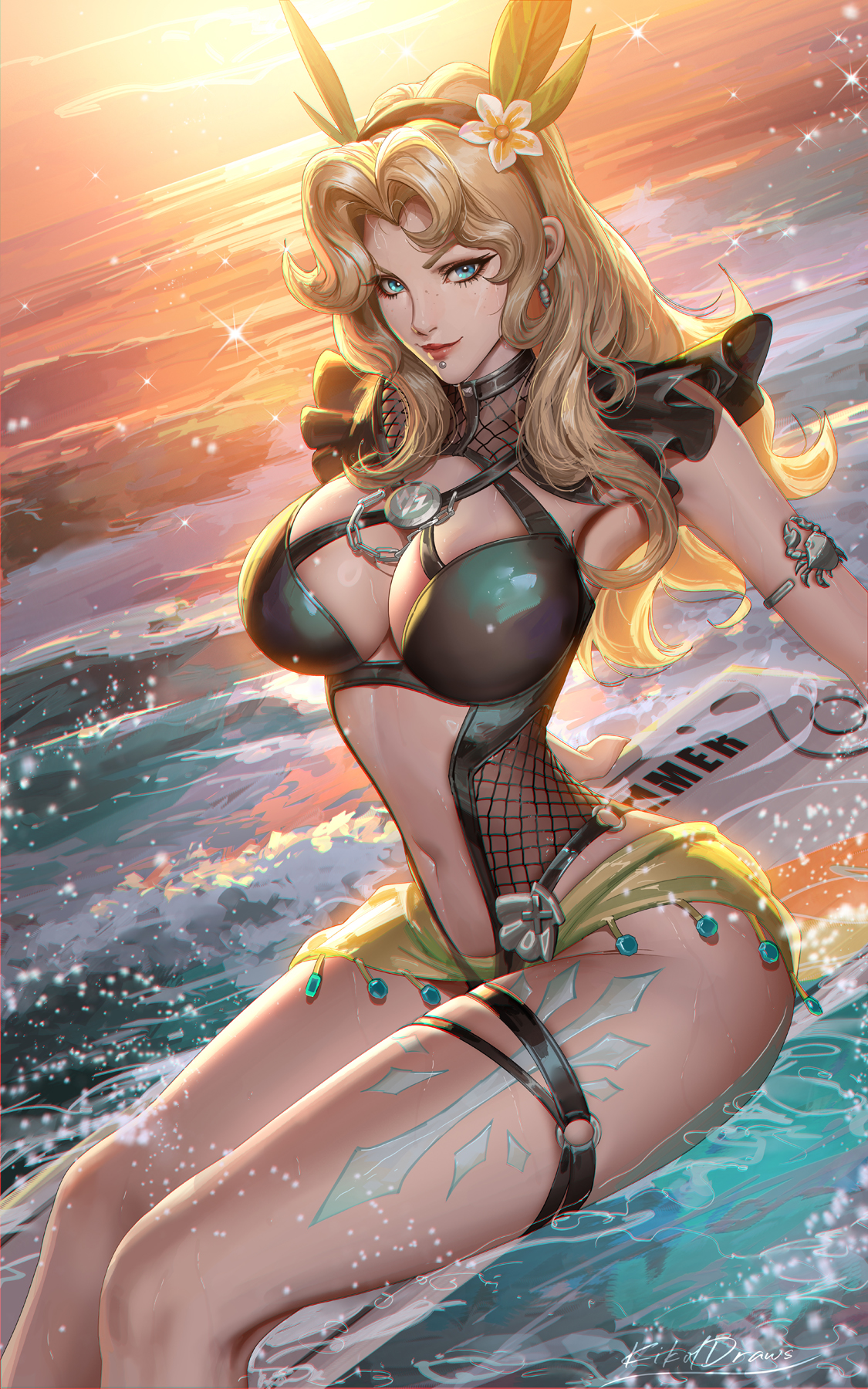 1girls, 2d, big ass, big breasts, bikini, blonde hair, cleavage, clothed, female, female focus, female only, fully clothed, human, human only, liang xing, magik (illyana rasputin), magik (marvel rivals), magik (soul surfer), marvel, marvel rivals, solo, solo female, surfboard, swimsuit, thick thighs, wet
