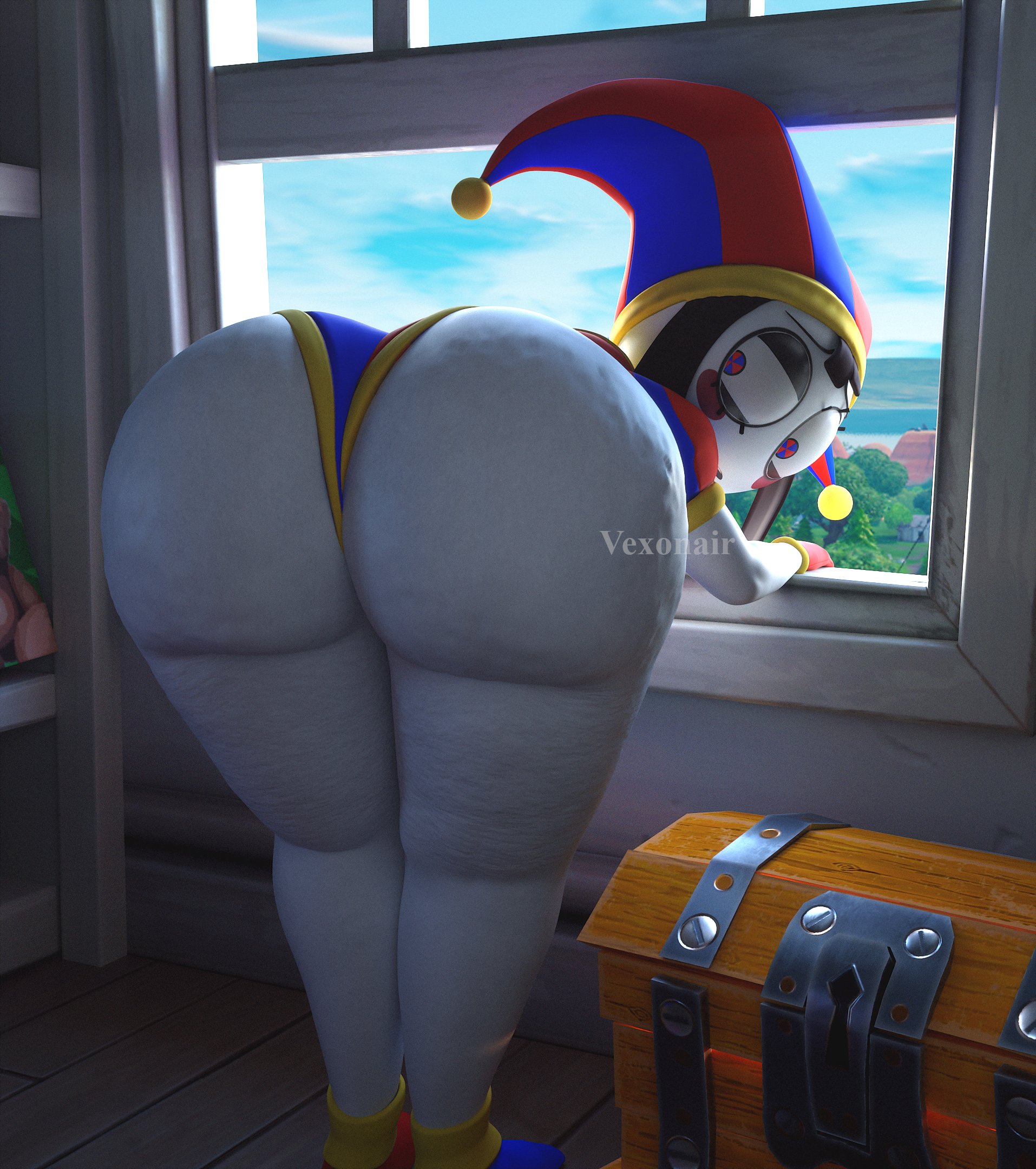 1girls, 3d, 3d (artwork), ass, ass focus, back view, background, bending forward, bending over, bent forward, bent over, big ass, big butt, blue sky, blush, blush stickers, brown hair, butt, butt focus, cartoon character, cellulite, chest, cloud, clouds, color, eyebrows, eyelashes, fat ass, female, female ass, female ass focus, female butt, female focus, female only, fortnite, fortnite: battle royale, gluteal fold, hips, huge breasts, jester, large ass, large butt, legs, looking at ass, looking at butt, looking at own ass, looking at own butt, looking at self, looking at viewer, looking back, pomni (the amazing digital circus), redeyes, short hair, sky, solo, solo female, solo focus, the amazing digital circus, thick, thick ass, thick legs, thick thighs, thighs, treasure chest, tree, trees, vexonair, video games, western cartoon, white skin, white skinned female, white-skinned female, wide hips, window