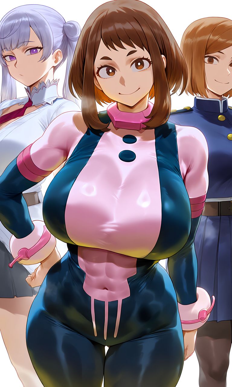 1girls, 2girls, 3girls, ai generated, belt, big boobs, big breasts, black clover, bob cut, bodysuit, brown eyes, brown hair, brown-haired female, curvy, curvy body, curvy female, curvy figure, female, female only, hero outfit (mha), huge breasts, jacket, jujutsu kaisen, kugisaki nobara, kyoru189, large breasts, light skin, light-skinned female, looking at viewer, mature female, my hero academia, noelle silva, ochako uraraka, pantyhose, purple eyes, school uniform, schoolgirl, seductive, seductive body, seductive look, sexy, sexy body, sexy female, sexy pose, shirt, silver hair, skirt, socks, solo, solo female, tie, tsundere, twintails, uravity, white-haired female