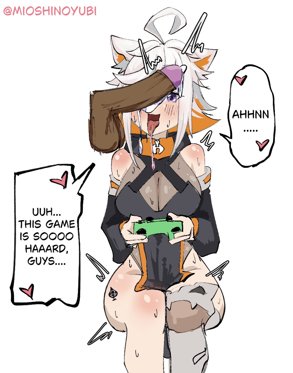 1boy, 1girls, clothed, clothed female, clothing, color, dark skin, dark-skinned male, demenishki, disembodied penis, female, hetero, human, indie virtual youtuber, light skin, light-skinned female, male, mioshinoyubi, multicolored hair, naked, naked male, open eyes, open mouth, orange hair, purple eyes, queen of spades, shoulder length hair, sitting, straight, tongue, tongue out, twitter link, virtual youtuber, vtuber, white hair
