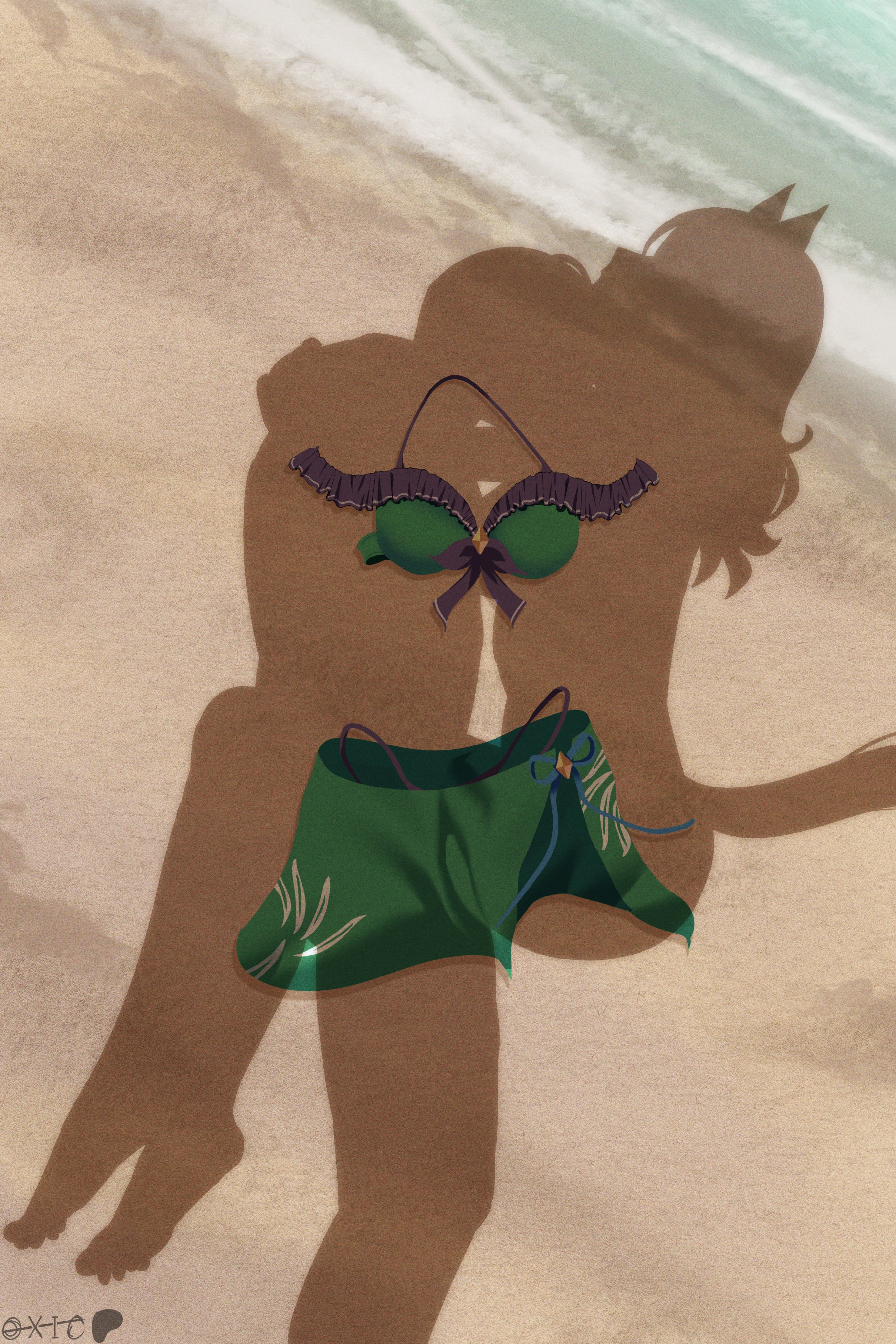 1boy, 1girl, beach, carrying position, dressed shadow (meme), green bikini, horse girl, implied exhibitionism, implied nudity, implied sex, king halo (umamusume), meme, outdoors, oxicmar, stand and carry position, standing sex, trainer (umamusume), umamusume, umamusume pretty derby, unworn bikini