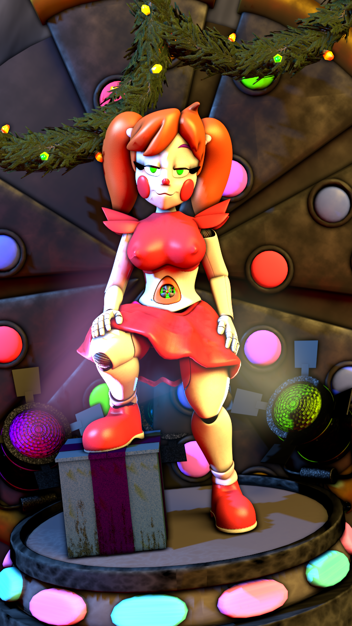 3d :3 animatronic baby_(fnafsl) bangs bedroom_eyes blush blush_stickers breasts christmas christmas_present circus_baby circus_baby_(fnaf) clothed clown eyelashes female female_only five_nights_at_freddy's footwear front_view green_eyes half-closed_eyes holidays jailbait_knight large_breasts looking_at_viewer mclazycraft midriff nipple_bulge red_nose robot robot_girl shoes sister_location skirt solo standing tied_hair twintails white_skin