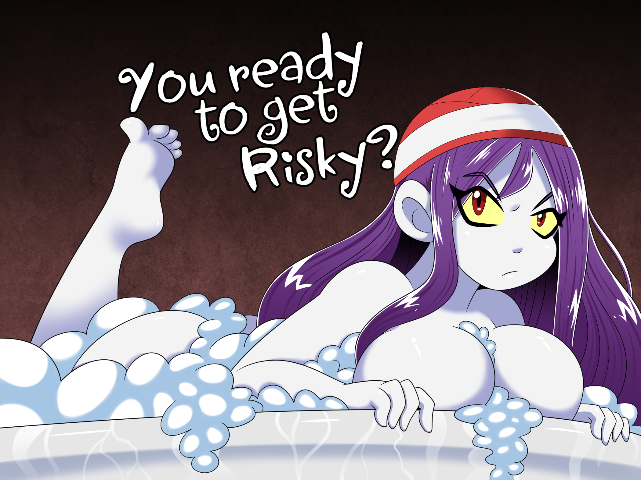 bad censor, bath, breasts, bubbles, censored, covered nipples, covering, english text, feet, female, looking at viewer, omegasunburst, risky boots, shantae, solo, text
